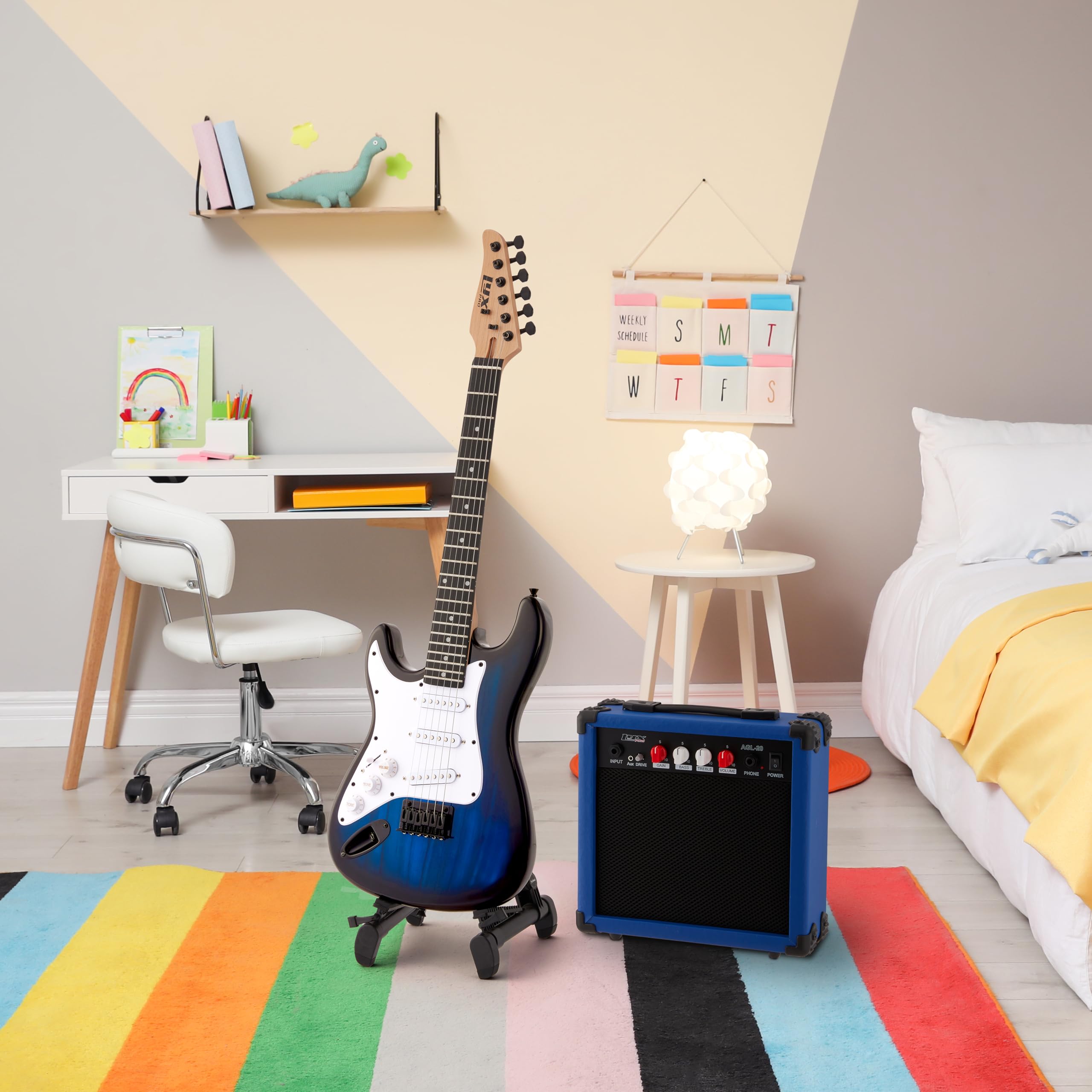LyxPro Chitarra elettrica mancina da 91,4 cm e kit per bambini mancini con chitarra 3/4 per principianti, amplificatore, sei corde, due plettri, tracolla, accordatore digitale a clip, cavo e custodia