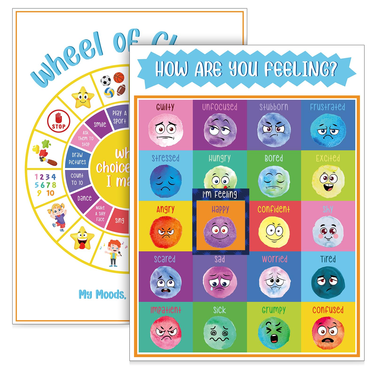 MotiMind Magnet Feelings Chart How Are You Feeling Emotions Chart Wheel of Choice Feelings Poster Communication Board for Adults Educational Tool for Kids Toddlers Classroom, 20 Different Moods