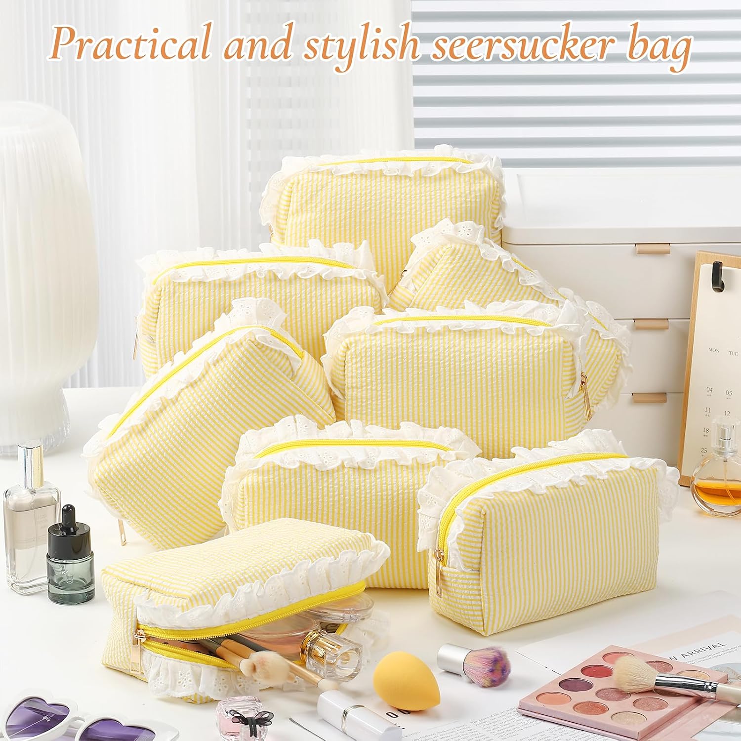 Huhumy 12 Pcs Seersucker Ruffle Makeup Bags Bulk 7 x 4 x 3 inch,Yellow image 4