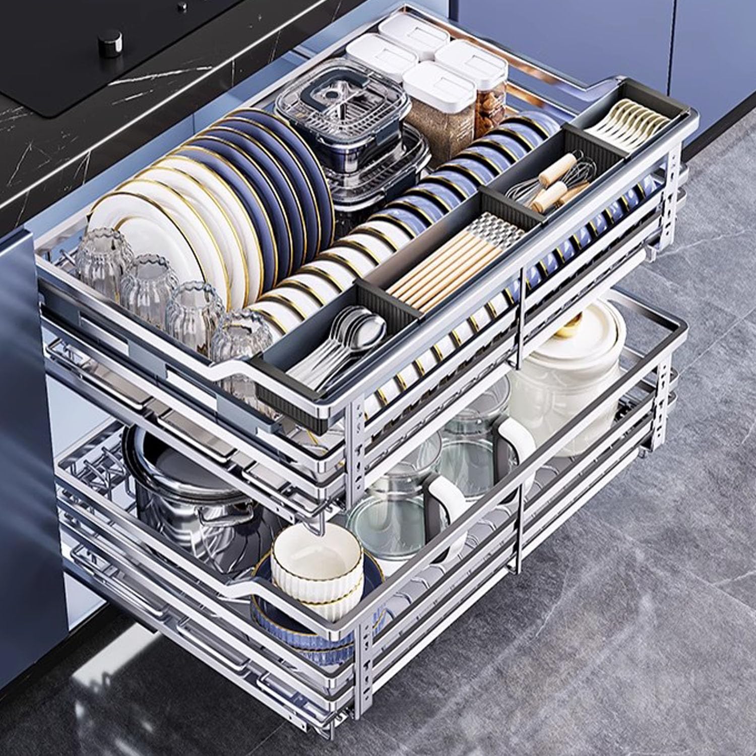 Armoire de rangement coulissante à 2 niveaux en acier inoxydable – Panier métallique robuste à double niveau pour garde-manger et sous armoire Solution d'installation facile