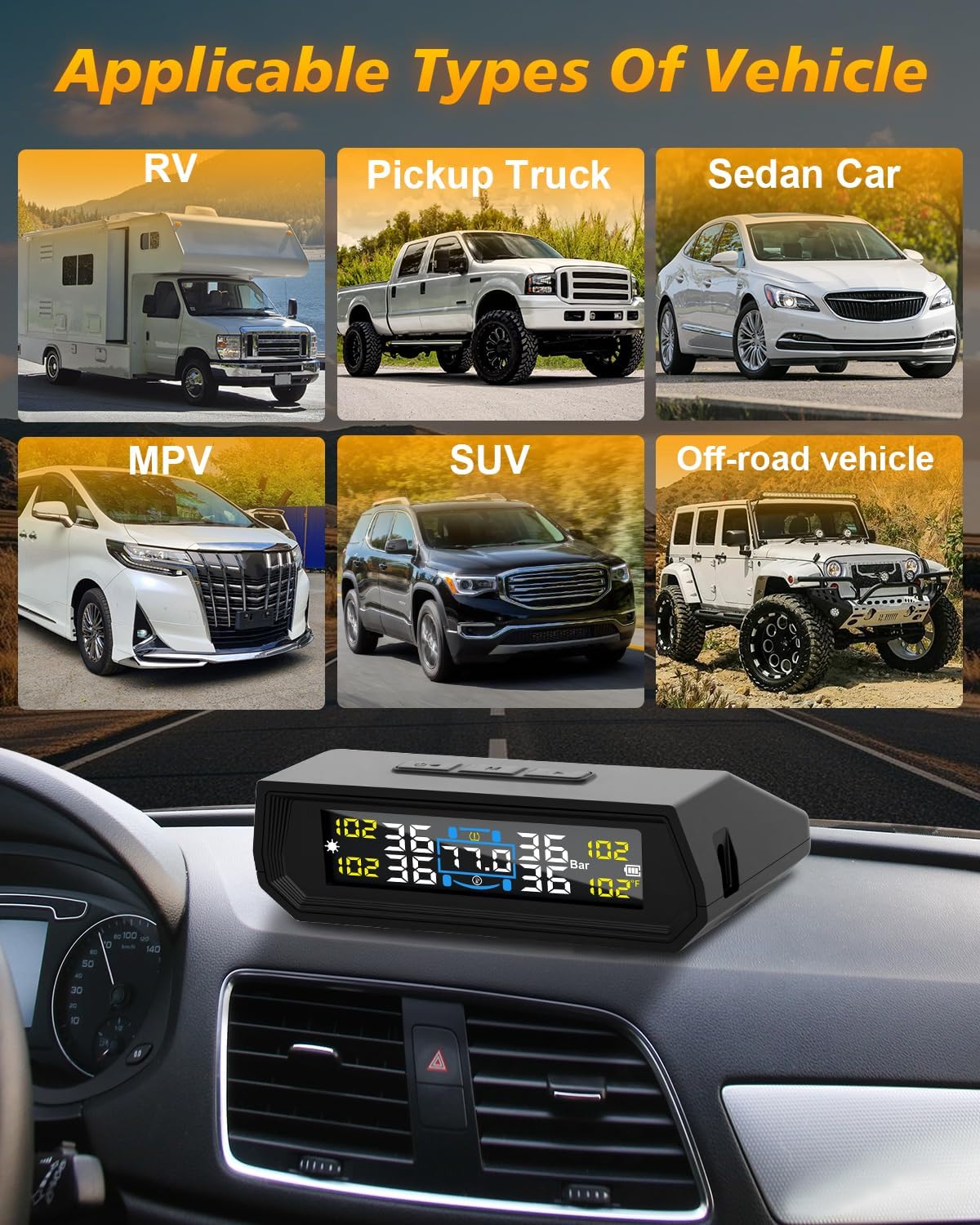 RV Tire Pressure Monitoring System, Wireless TPMS with Solar Charger and USB, 4 Sensors and 6 Alarm Modes Real-time Color LCD Display Tire Pressure Monitor System for SUV Mpv Sedan Truck