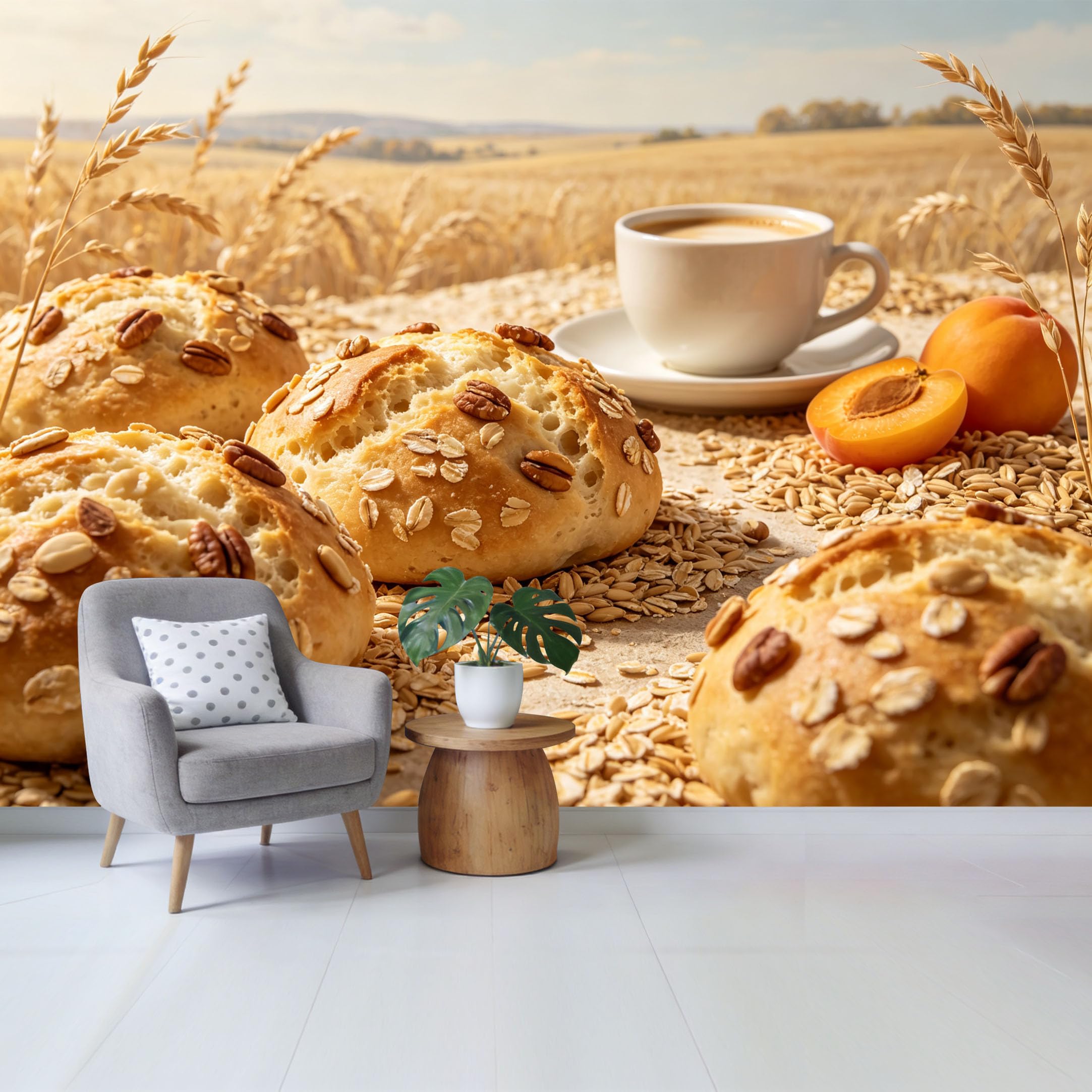Qzlithotic Yq2605250605 Custom Size Wall Mural Rustic Bakery Bread Coffee Wheat Field Farmhouse Decor Selfadhesive Wall Fabric Removable Wallpaper For Home Office Decor
