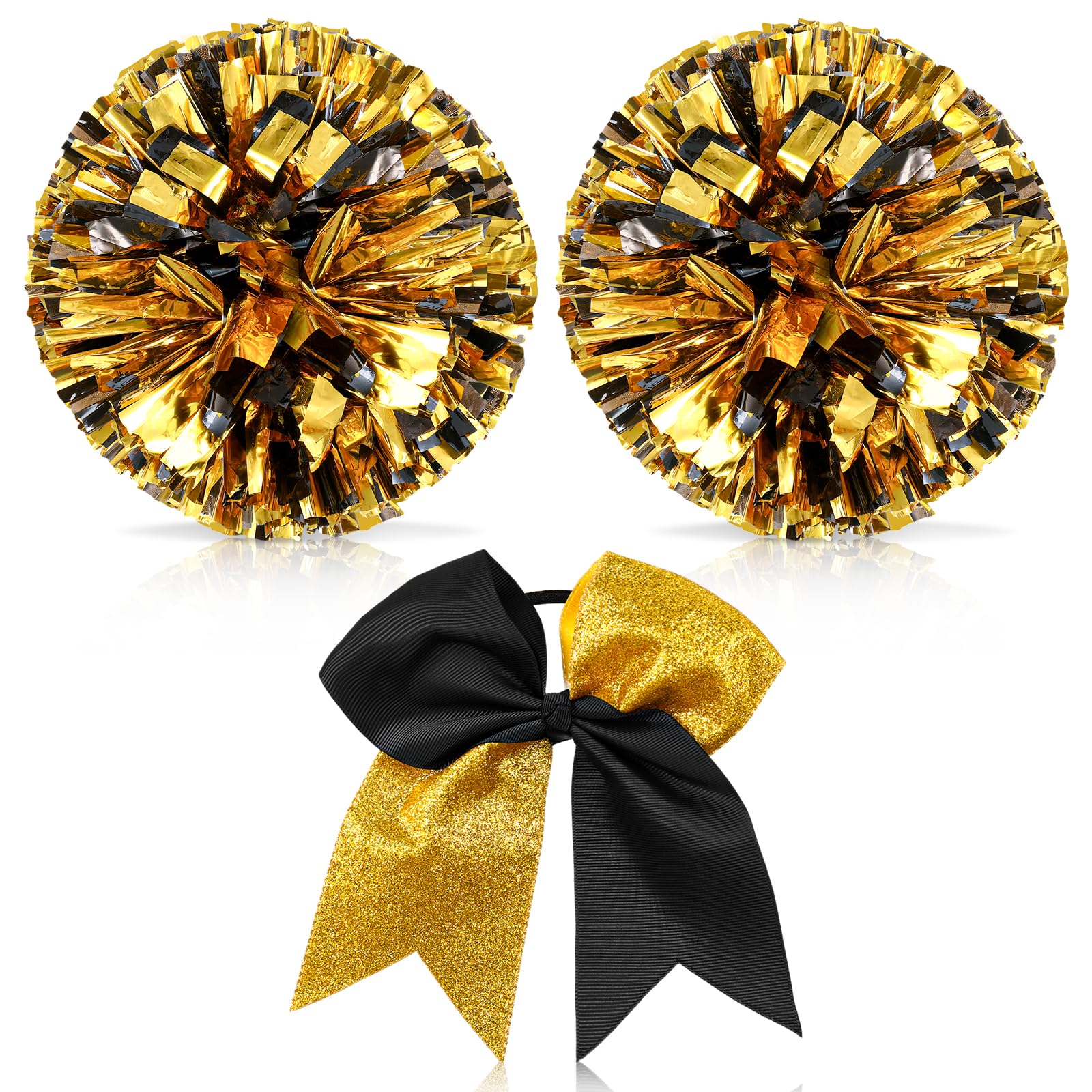 Hanaive 12 Inch Cheerleading Pom Poms and Large Cheerleader Hair Bow Large Metallic Cheer Cheerleader Pom Poms for Sports Team Spirit Cheering