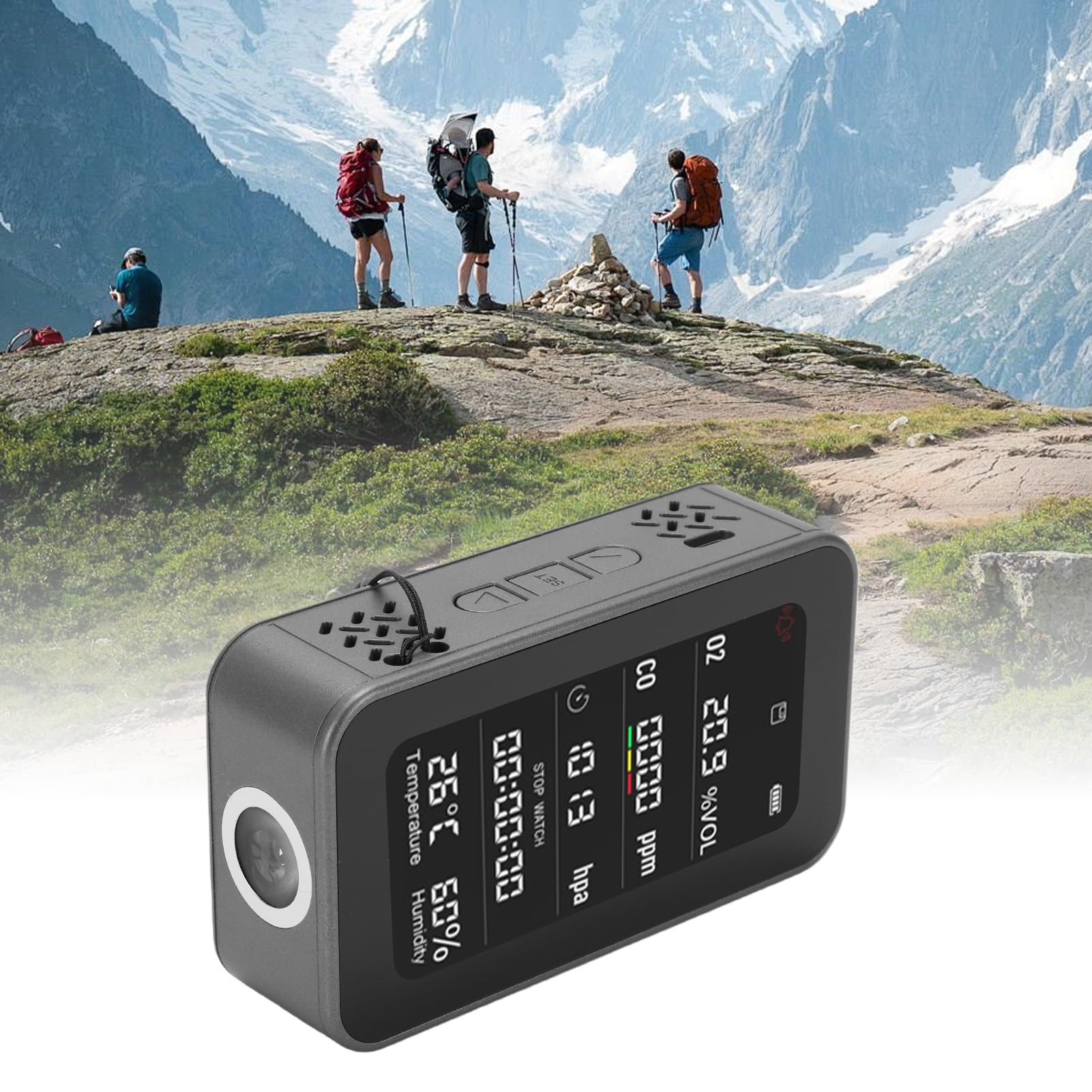 Fafeicy Rilevatore di qualità Dell'aria, Tester Esterno Portatile con Torcia di Emergenza e Allarme di Rilevamento di Ossigeno, Display di Pressione di umidità e Temperatura, Grigio