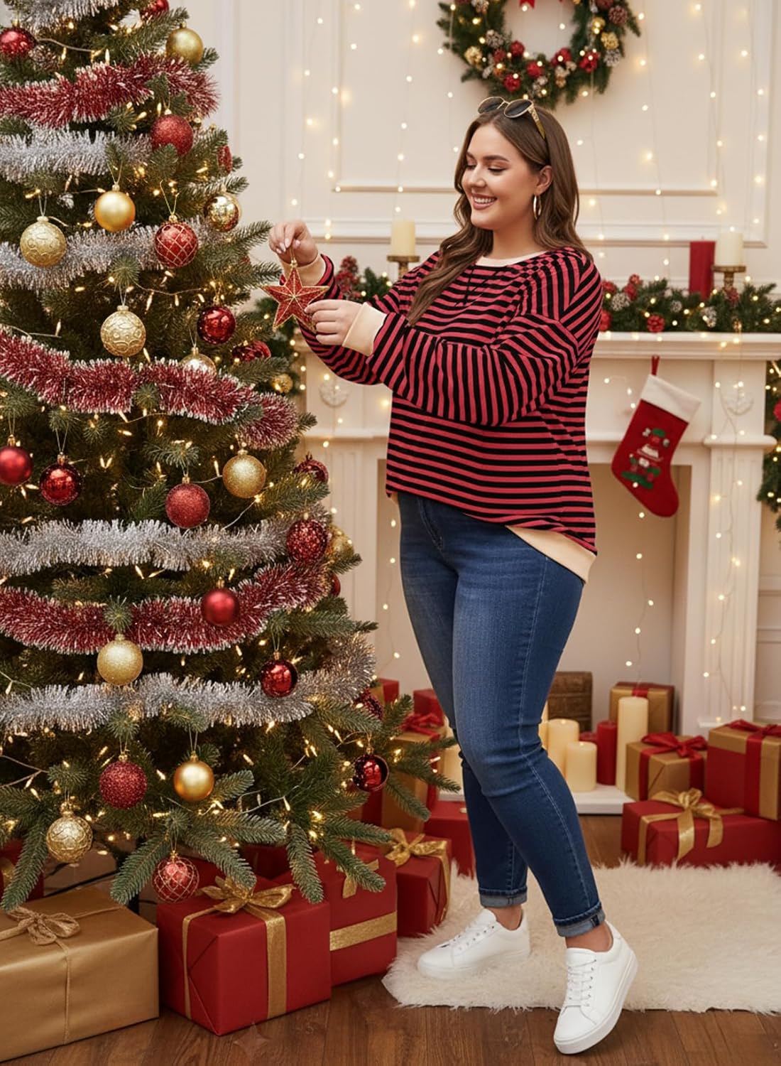 Eytino Women Plus Size Sweatshirt Striped Color Block Crew Neck Pullover Tops Long Sleeve Casual Shirt(1X-5X) - Image 3