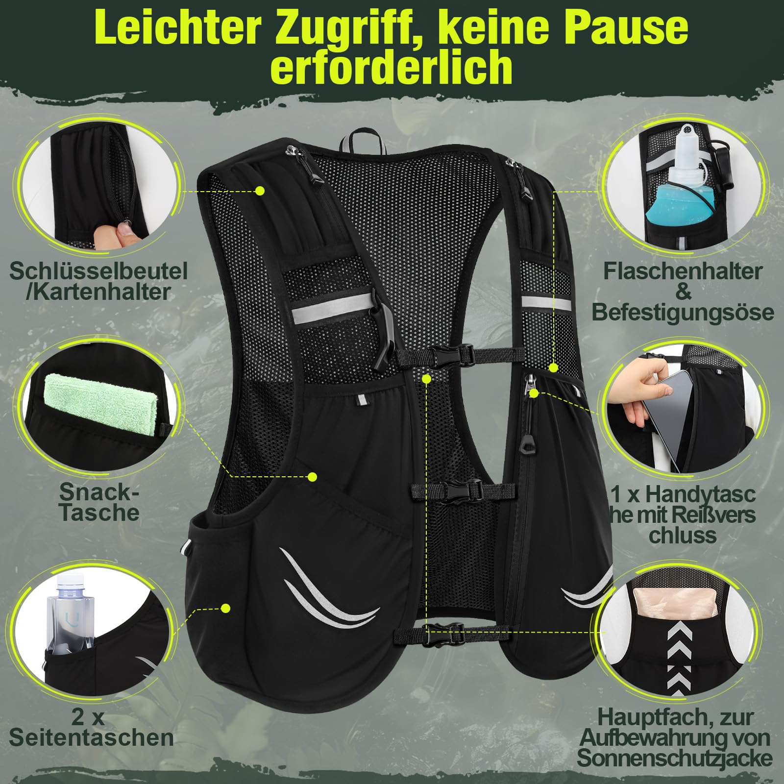 Charmofun Laufweste Damen Herren, Laufrucksack Leicht mit 2 Stück 500ml Softflasche, Verstellbarer Reflektierender Trinkrucksack Laufen für Laufen, Camping, Marathon, Radfahren, Jogging