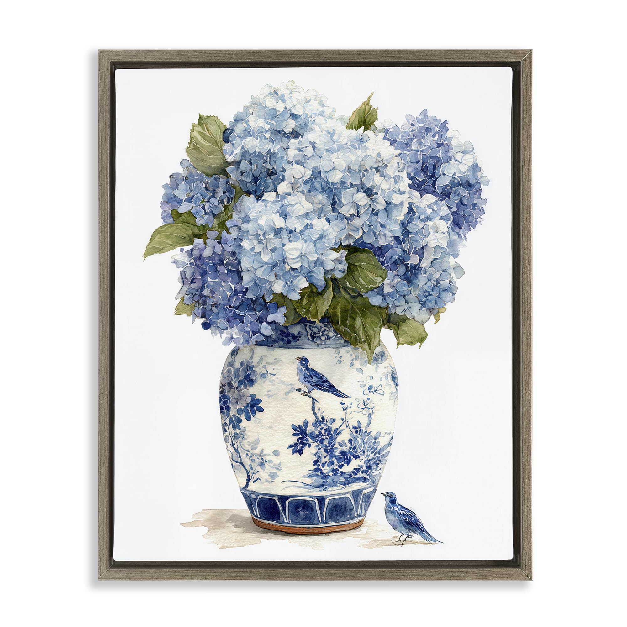 Stupell Industries Montalcino Elm (Textured) 'Blue Bird & Hydrangea Vase'| Floating Frame Canvas Art