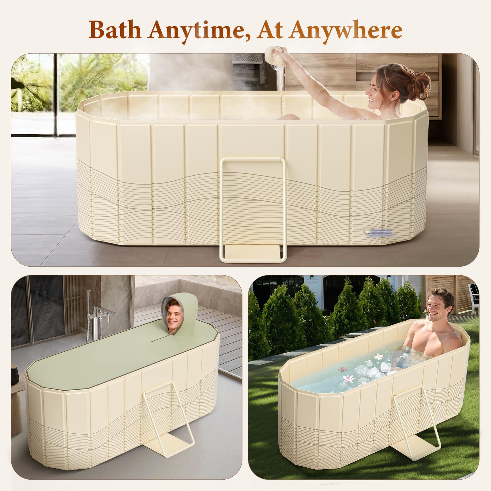 Bañera portátil para adultos 150 x 55 x 50 cm, bañera plegable para adultos con 2 agujeros de drenaje, bañera familiar para baño de hielo Equipada con 2 placas de soporte laterales con cubierta (Beige
