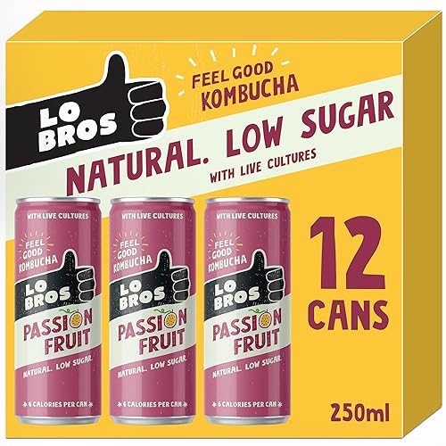 Lo Bros Kombucha - Passionfruit - Sparkling Refreshing Drink with Natural Ingredients and Live Cultures, Supports Gut Health, Low Sugar, Vegan, Gluten Free- 12 x 250ml - 12 Pack