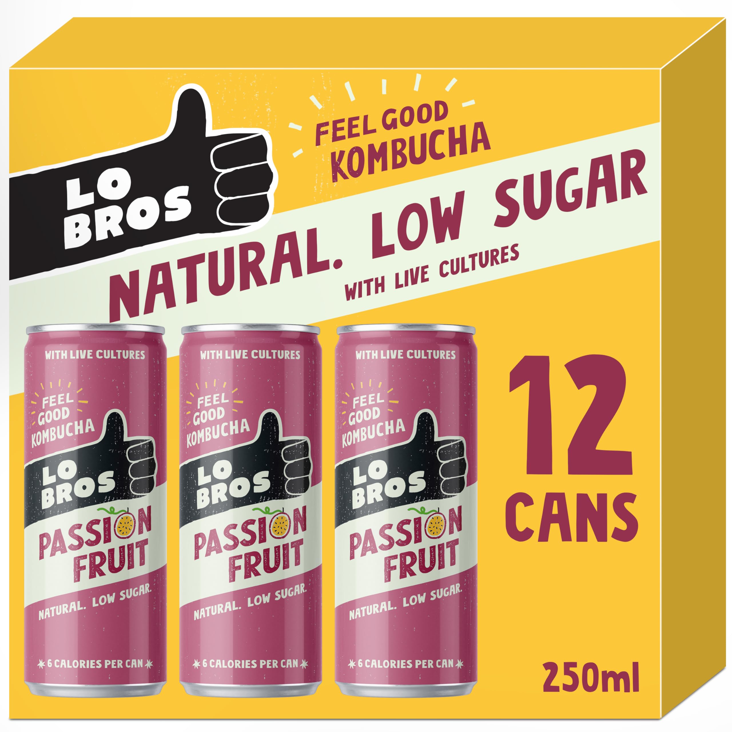 Lo Bros Kombucha - Passionfruit - Sparkling Refreshing Drink with Natural Ingredients and Live Cultures, Supports Gut Health, Low Sugar, Vegan, Gluten Free- 12 x 250ml