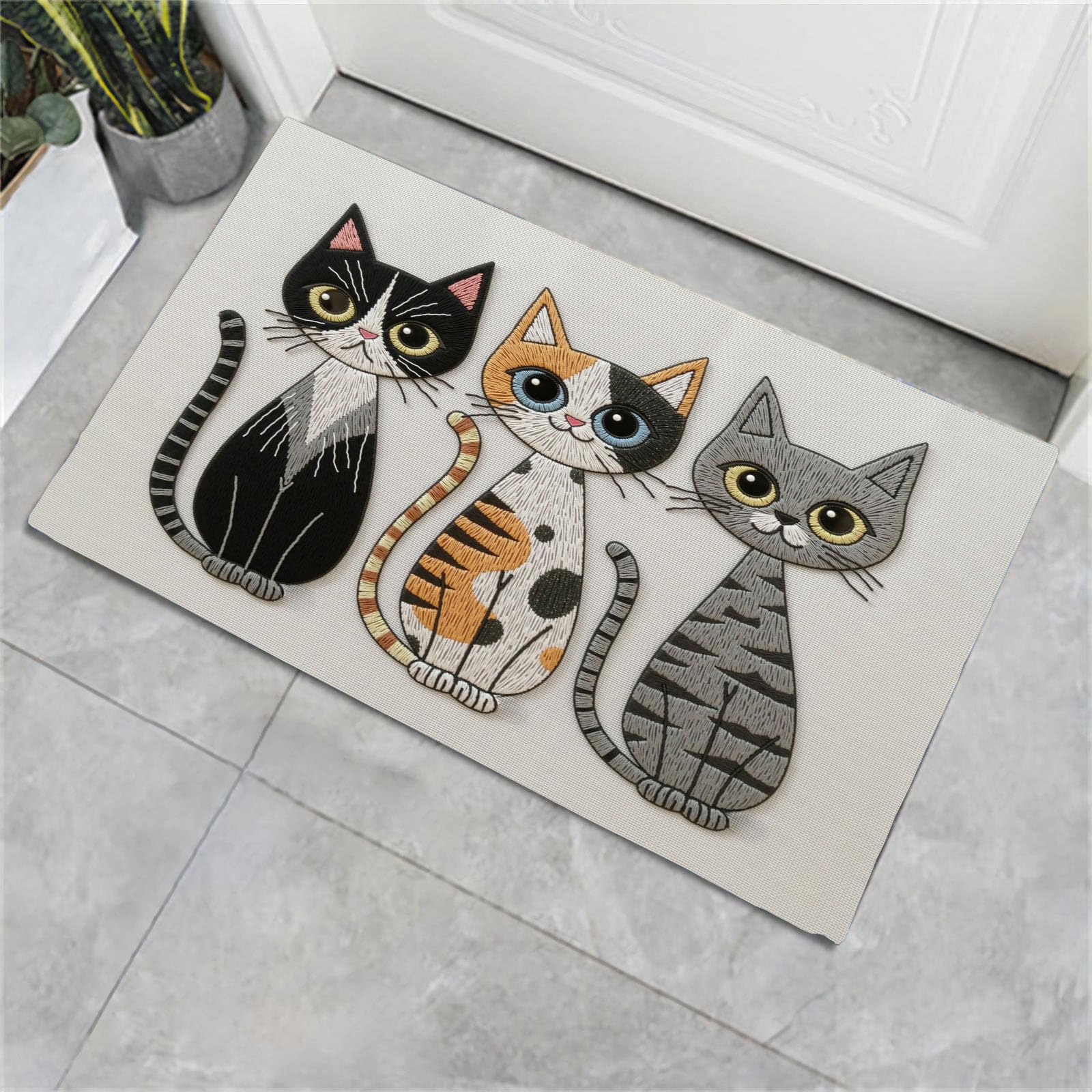 Fussmatte Innen 80X120Cm Beige Niedliches Katzenmotiv Fußmatte Innen rutschfeste Für Hund Eingang Badematte Gestickte Tiertextur Waschbar Schmutzfangmatte Fussmatten Haustür Türmatte