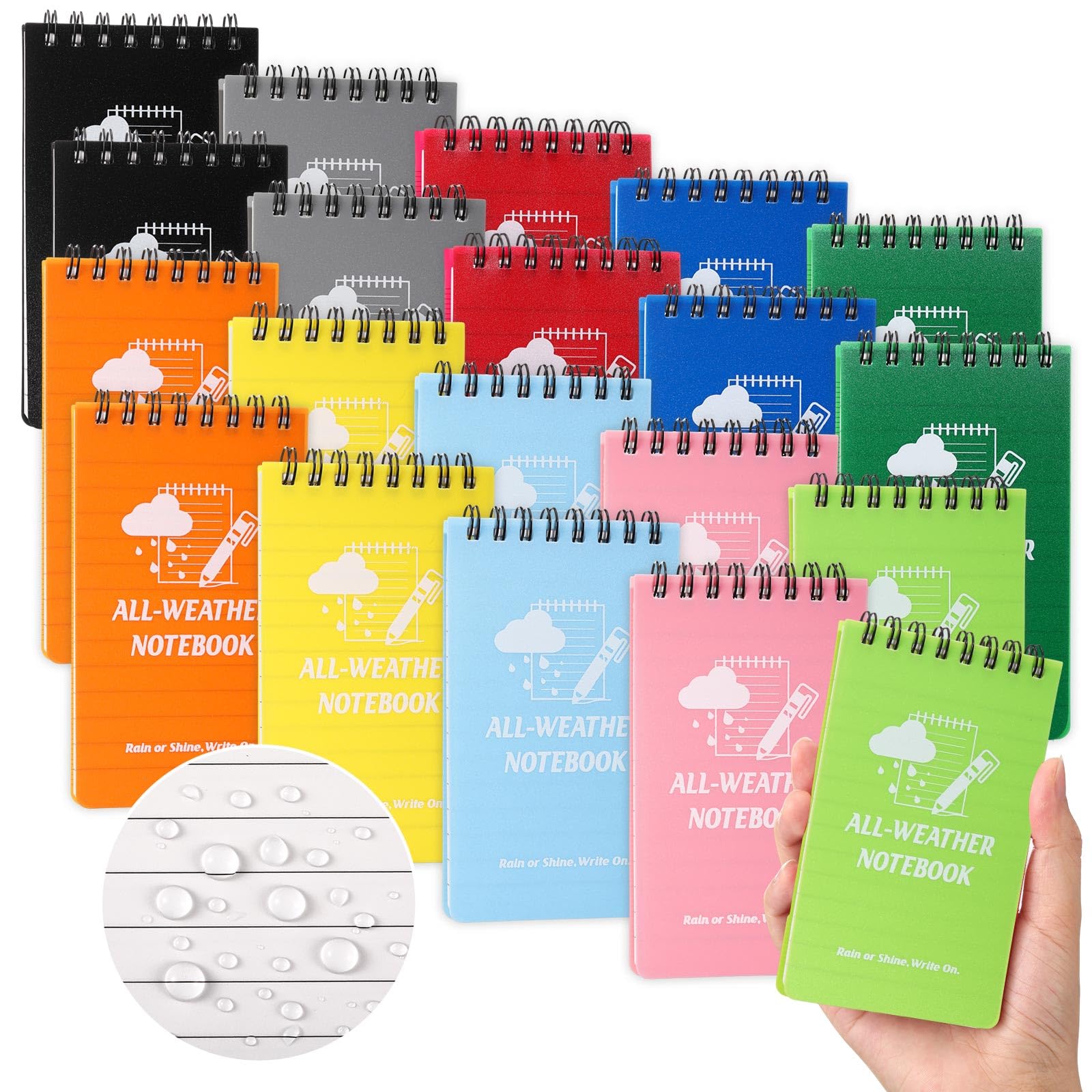 Paquete de 20 cuadernos de bolsillo impermeables de 3 x 5 pulgadas, bloc de notas en espiral superior, resistente a la intemperie, mini bloc de notas en espiral con 100 páginas a rayas para