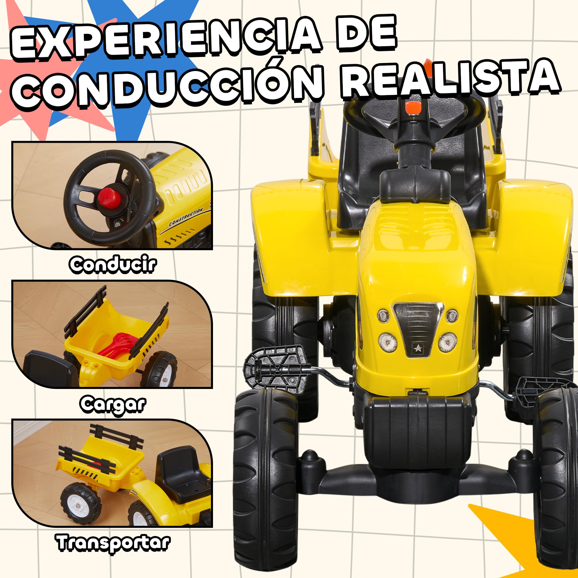 HOMCOM Tractor a Pedales para Niños de 3 Años con Remolque Juguete de Montar Coche de Pedales Carga 35 kg 133x42x51 cm Amarillo
