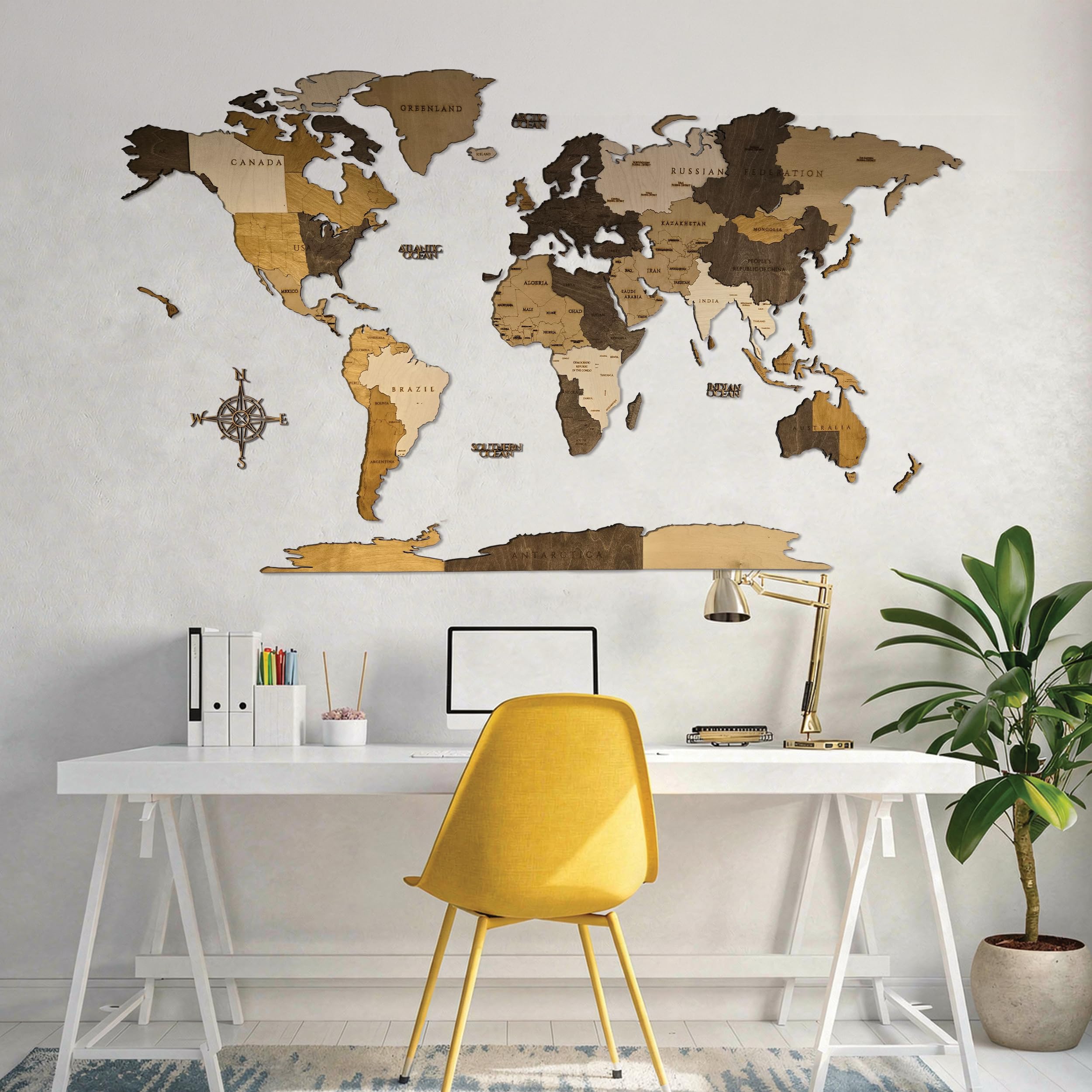 AREDE - Mapa del mundo de madera 3D para pared -120 x 75 cm - Decoración mural moderna para salón, oficina, dormitorio - Idea regalo original - Diseño elegante con detalles preciso