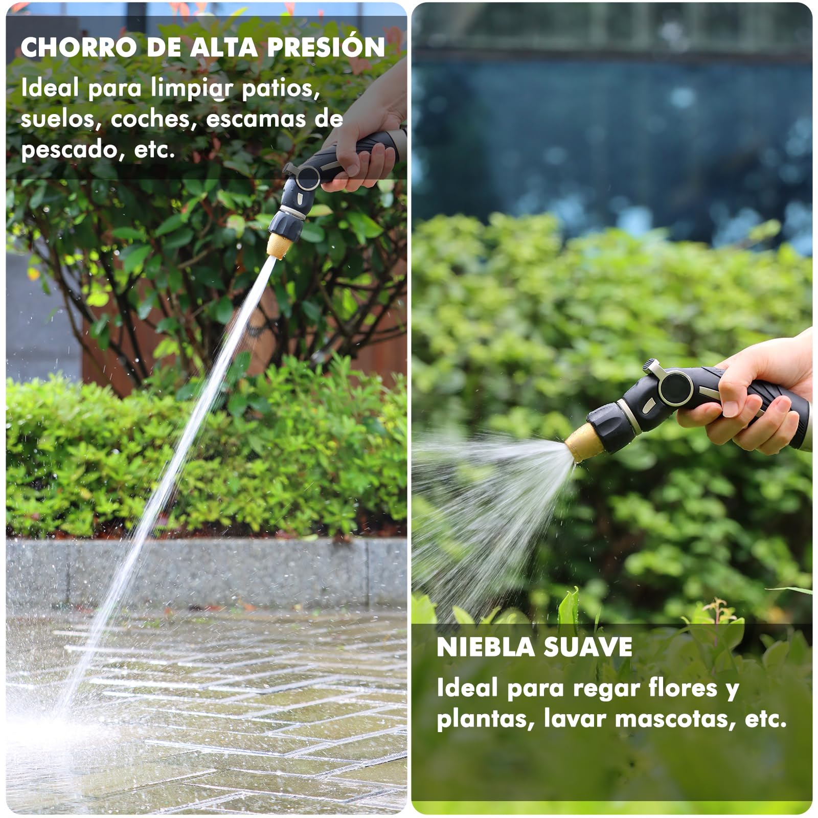 RESTMO Pistola con Manguera de Alta Presión y Boquilla de Latón, Para Regar Plantas, Lavar Coches, Limpiar el Jardín, Control de Flujo con el Pulgar,4 Tipos de Chorro