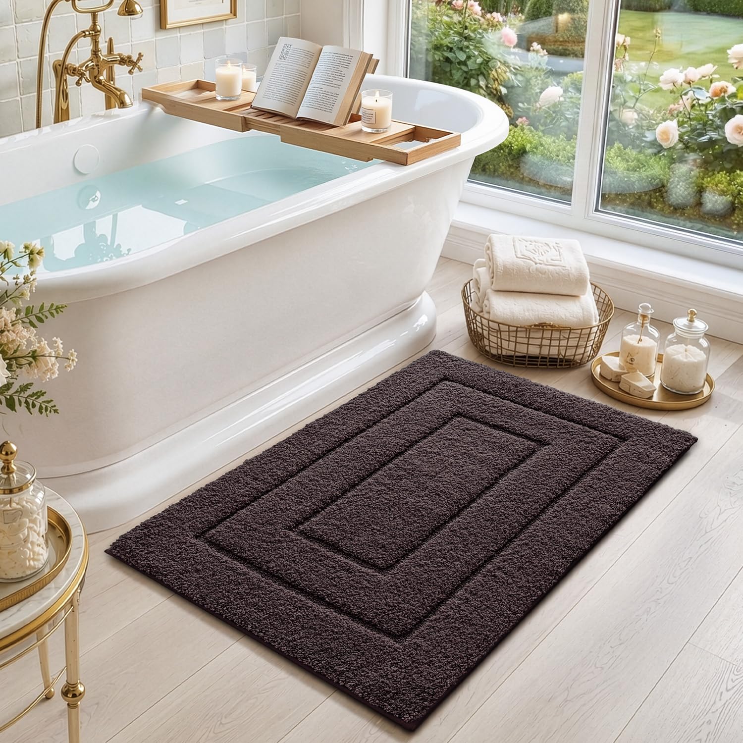 DEXI Alfombra de baño, extra suave y absorbente de alta calidad, antideslizante y cómoda, alfombra para bañera, ducha, baño, lavable a máquina, 20 x 32 pulgadas, marrón