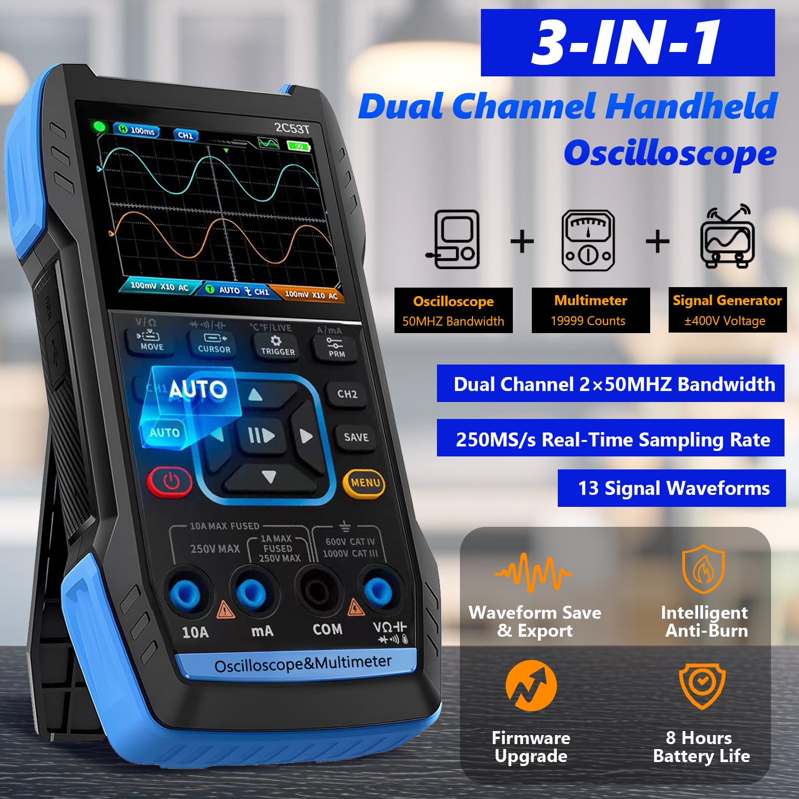3-IN-1 2C53T Aufgerüstetes Handheld Oscilloscope Multimeter mit 2 Kanälen, 50MHz Bandbreite & 250MS/s Abtastrate, TRMS 19999 Counts Signalgenerator, 13 Wellenformen für Automotive/AC/DC Spannungstest