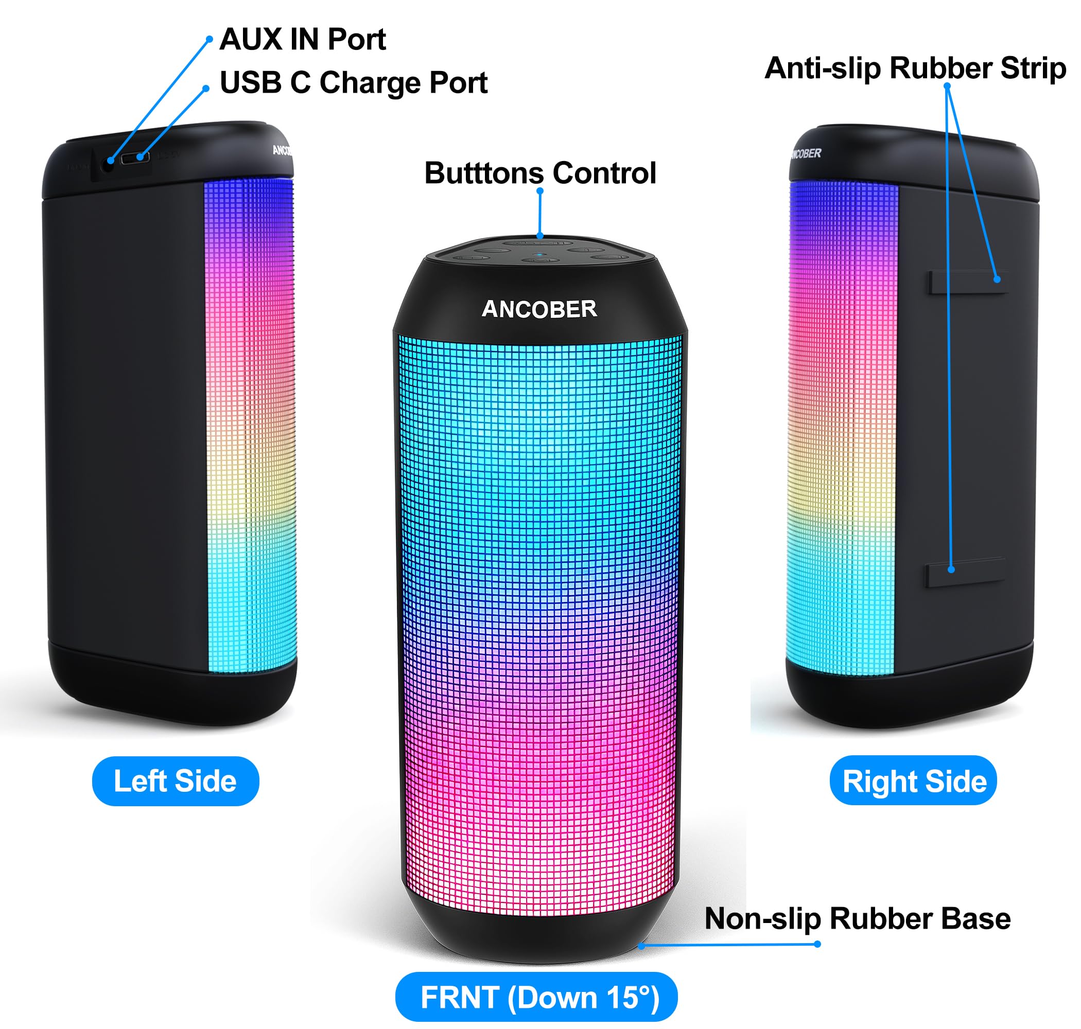 Altoparlante Bluetooth, altoparlante wireless portatile con suono forte stereo HD, luci LED RGB, tempo di riproduzione 36 ore, accoppiamento surround TWS, impermeabile IPX4, BT5.3 con AUX, per esterni
