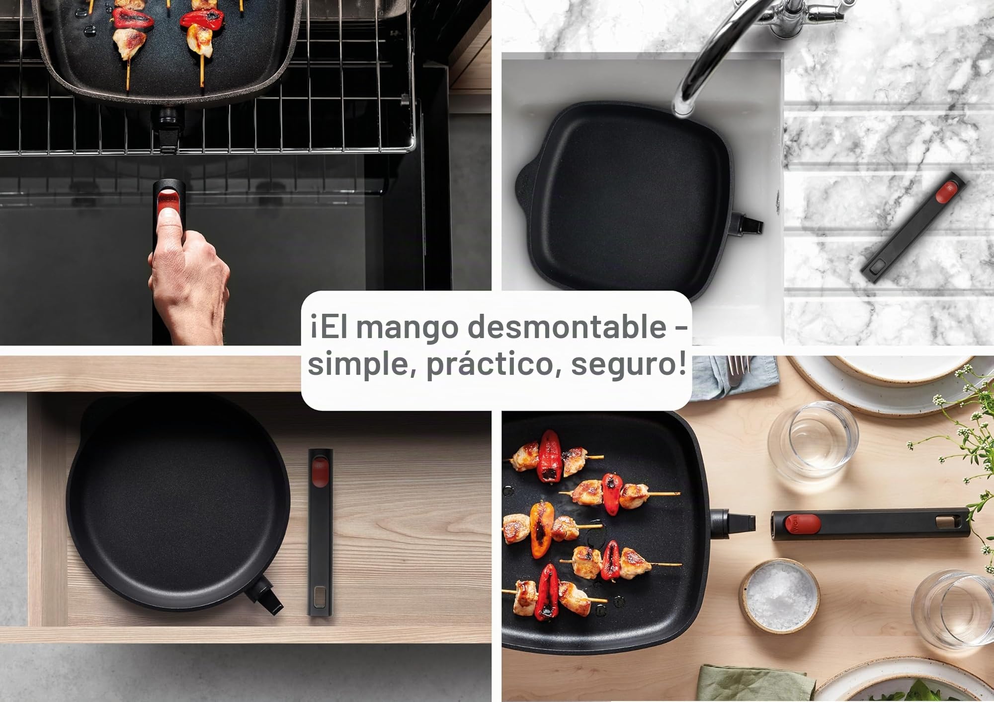 Woll Eco Logic QXR - Sartén de hierro fundido (inductiva, diámetro de 24 cm, 7 cm de alto, con mango extraíble, apta para todo tipo de cocinas, sin PFAS, revestimiento antiadherente, aluminio fundido,