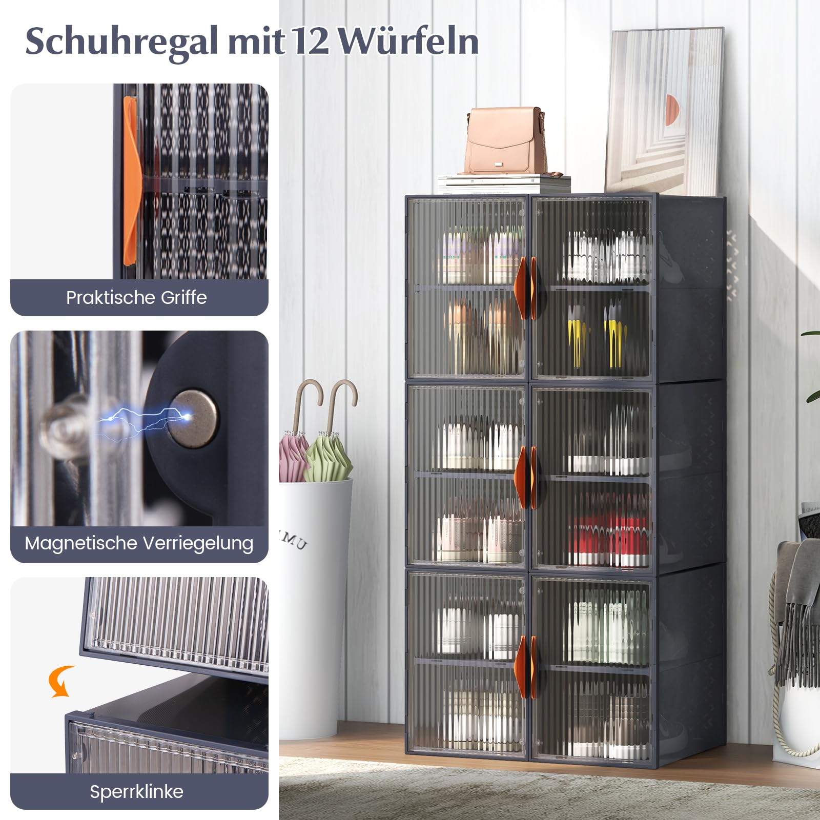 COSTWAY Set van 12 schoenenboxen, schoenenorganizer, stapelbaar van kunststof, schoenenrek opvouwbaar met deksel, schoenenopslag voor entree woonkamer, transparant-grijs, 49 x 32 x 133 cm
