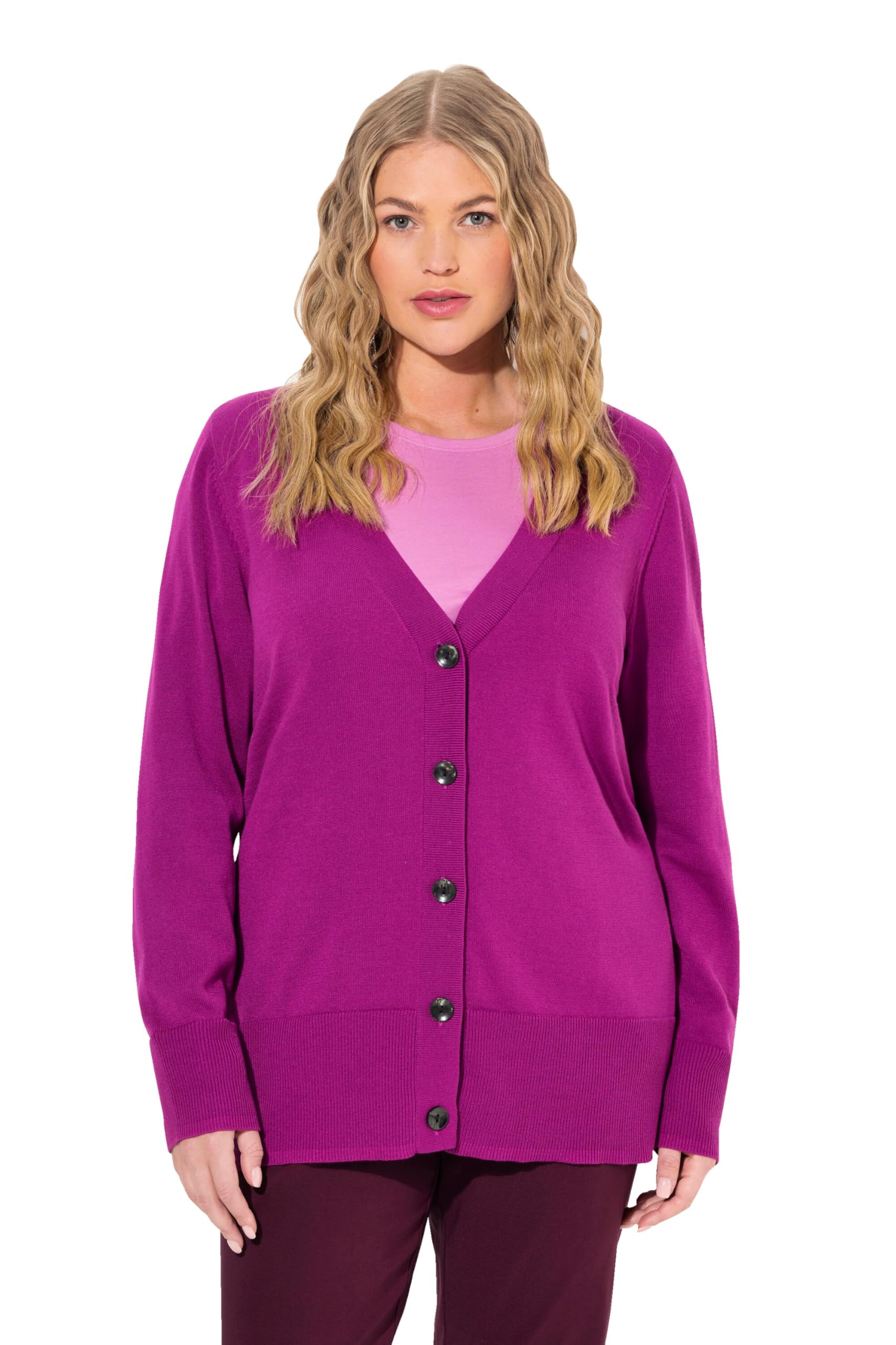 Ulla Popken Women's V-Neck Button Down Fine Knit Jumper, Berry, 32 UK/34 UK