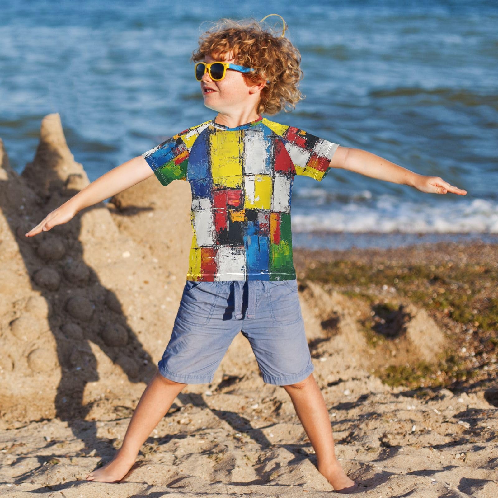 MNSRUU Toddler Boy Rash Guard Short Sleeve Swim Shirt Graffiti Art Print Rashguard 5-6T Beach Shirts Quick Dry,133