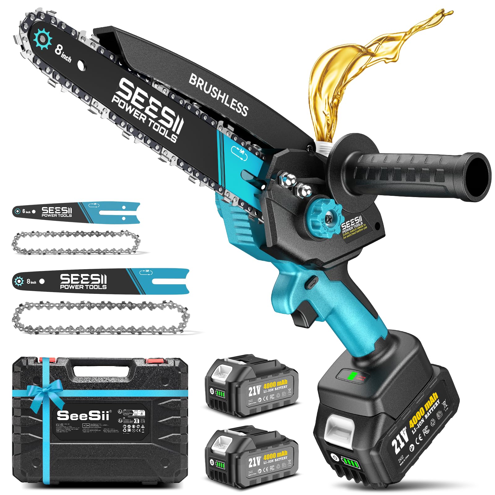 Mini Chainsaw Cordless Battery Powered: 8 inch & 6 inch Electric Chain Saw with 2 Pack 4000mA Batteries, Handheld Saw for Trees Branches Trimming Wood Cutting, Gardening Tools for Dad Husband Men