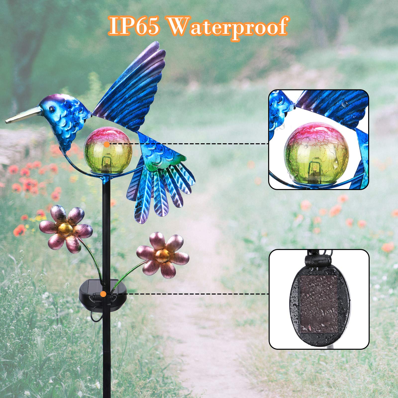 Afirst Kolibri Solar Gartenleuchte, Metallpfahl mit warmem Schein für Hof | Kolibri-Design mit Craquelé-Glaskugel, Solarleuchte für Garten, Rasen und Hof, Gartengeschenke