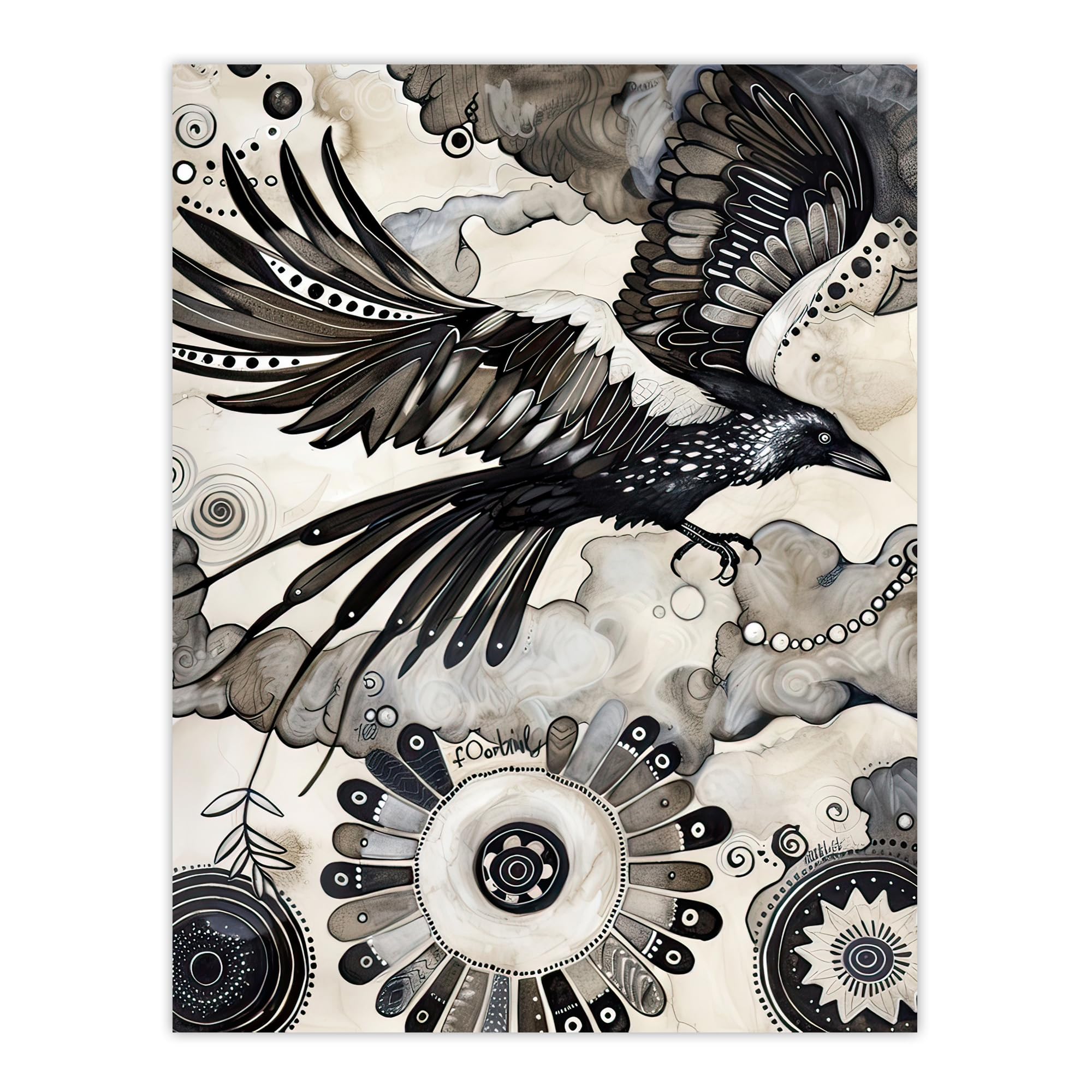 Artery8 Flying Black Raven Painting Magic Mandala Dark Living Room Large Wall Art Poster Print Thick Paper 18X24 Inch