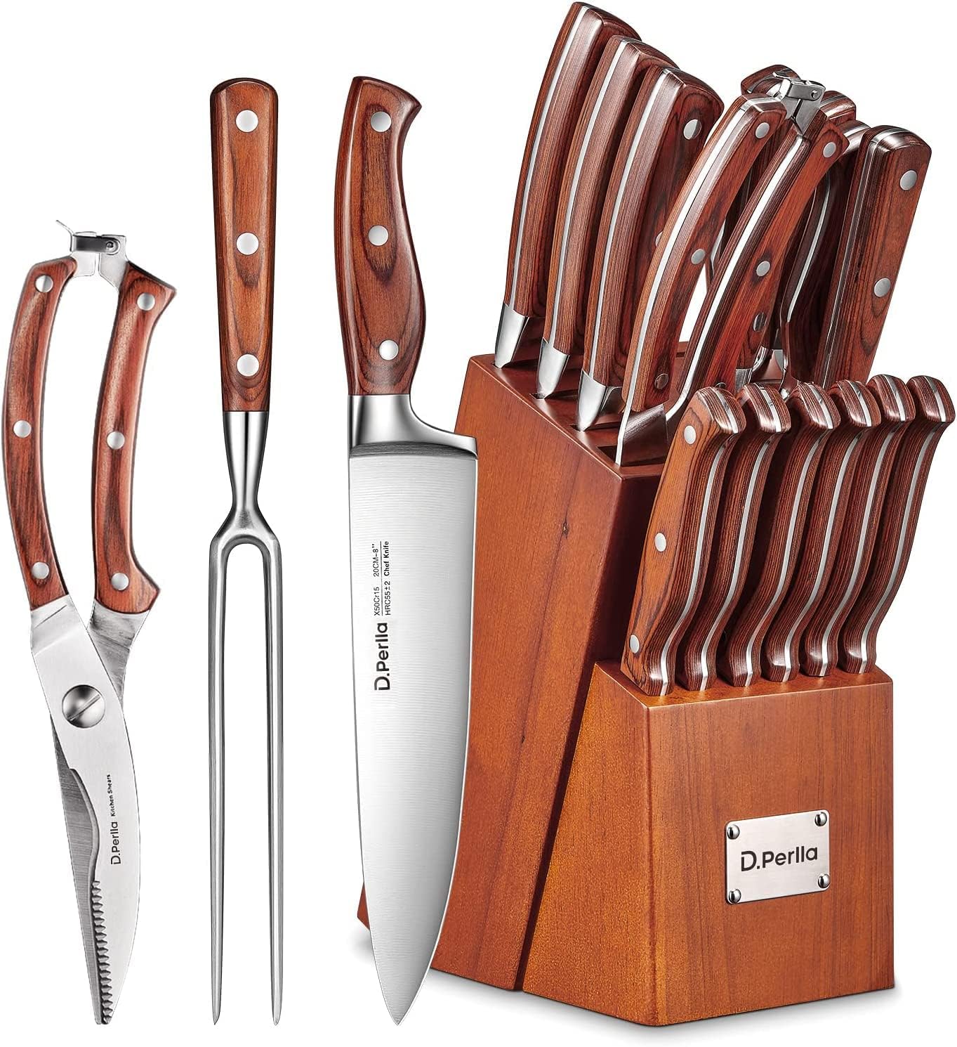 D.Perlla Set di Coltelli da Cucina Professionali 16 Pezzi, in Acciaio Inox con Base di Legno, Premium, con ceppo