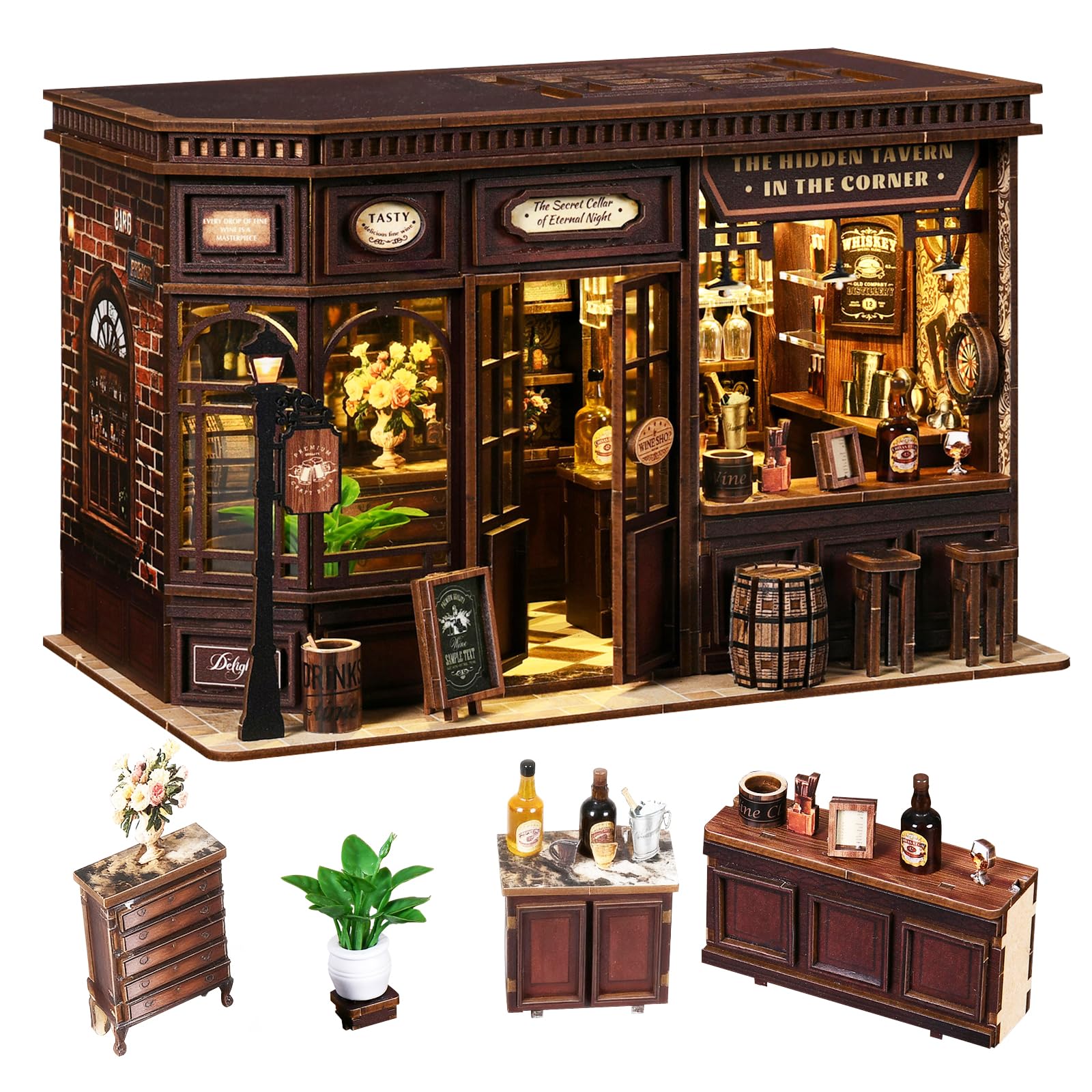 Wooden Booknook, Diy 3D Book Nook con Luce LED e Coperchio Antipolvere Decor, Piccola Taverna Kit Diorama Regali Adatti per gli Adolescenti (Negozio di Pozioni Magiche) (Piccola Taverna)