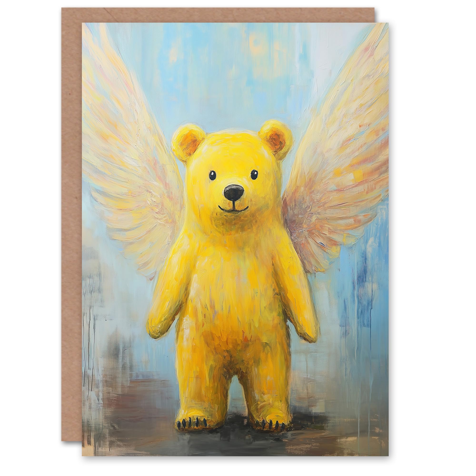 Artery8 Greeting Card Cute Yellow Teddy Bear With Wings Oil Painting Blank For Him Or Her Art Birthday Card