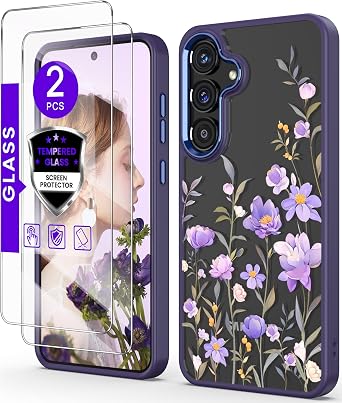 for Samsung Galaxy S26 Case+Tempered Glass Screen Protector,Military Grade Protective Slim Soft TPU + Hard PC,Girls Women Crystal Clear Flower Pattern Case Cover for Galaxy S26 5G-Deep Purple