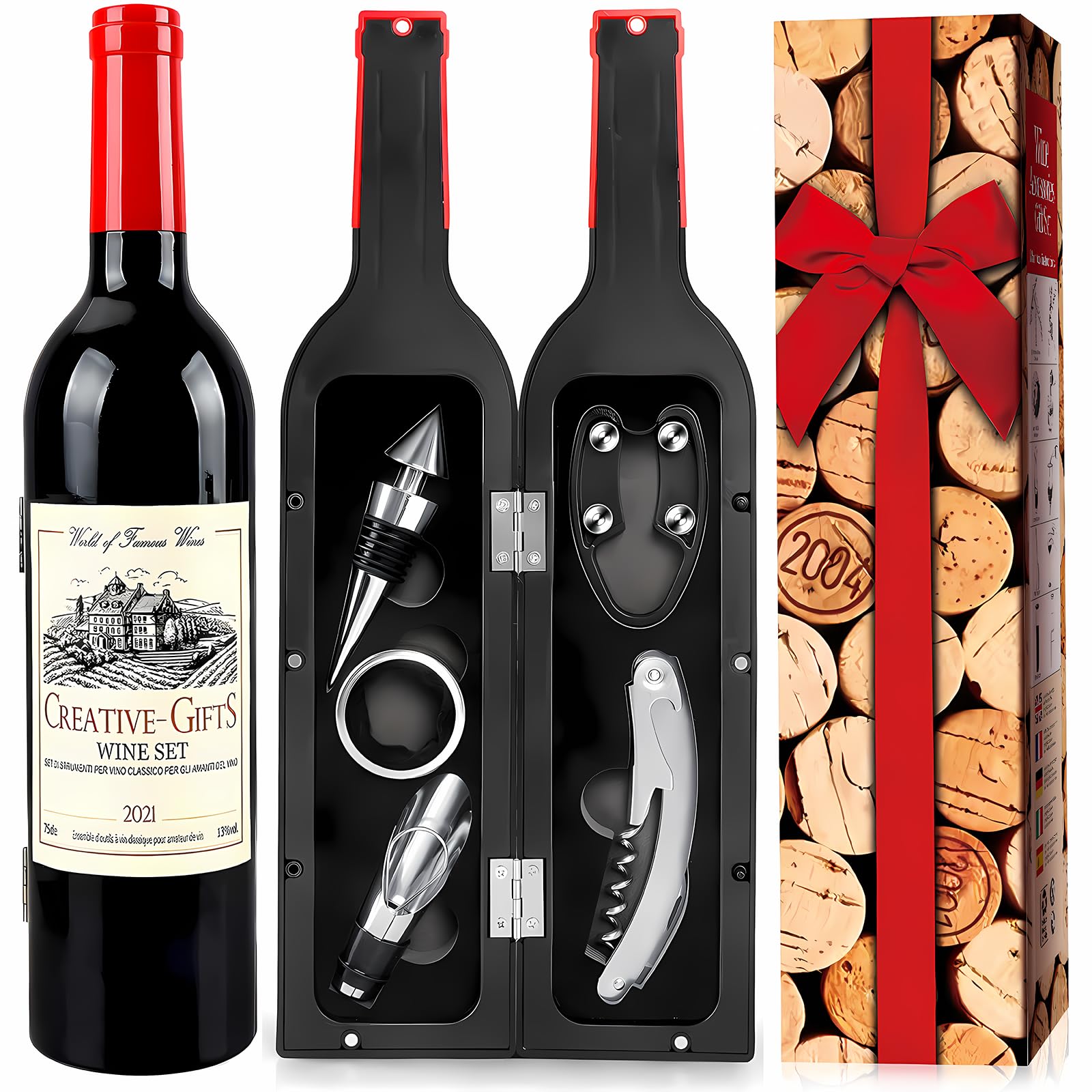 Set di Accessori da Vino a Forma di Bottiglia di Vino, Set di cavatappi, Set Regalo di Accessori per Il Vino, Set di apribottiglie, Set di Sommelier del Vino con apribottiglie (Red bottle001)