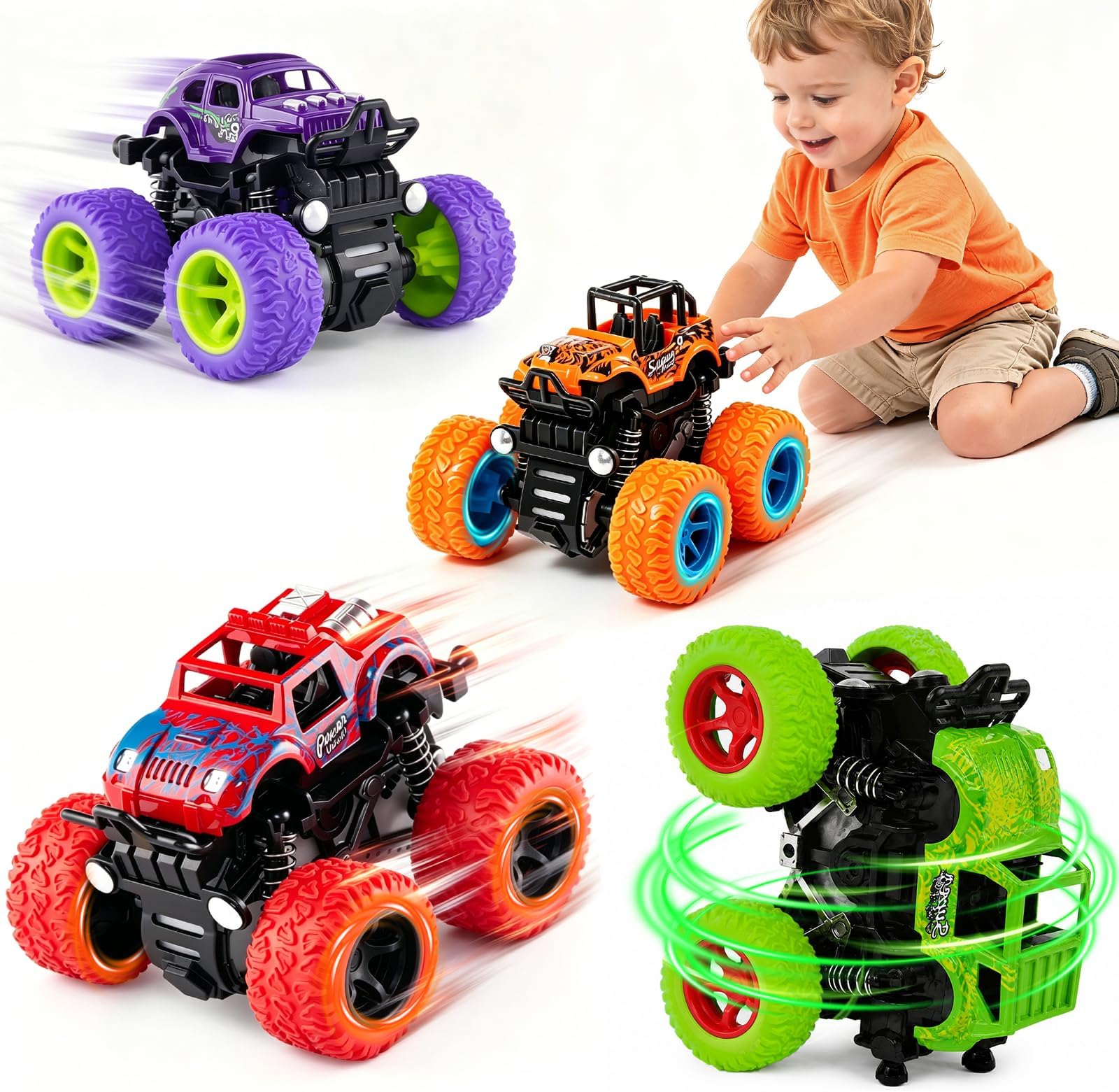 4 Pack Monster Trucks Toys for Boys 2 3 4 5 6 7 Year Old, Friction Powered Pull Back Car Toys for Toddlers Kids Ages 3-5 2-4 4-7, Best Birthday Christmas Party Gift for Boys and Toddlers