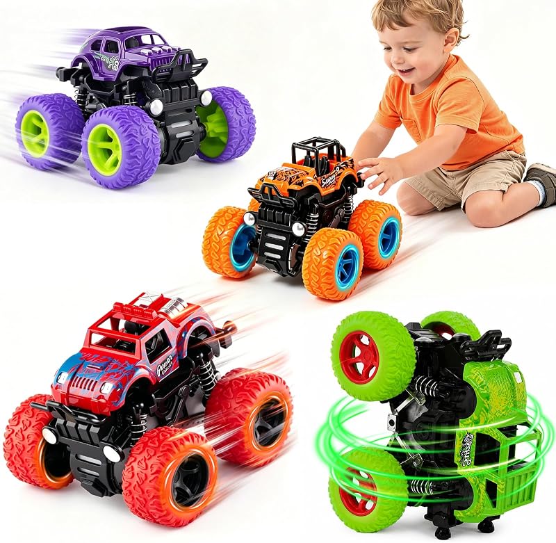 4 Pack Monster Trucks Toys for Boys 2 3 4 5 6 7 Year Old, Friction Powered Pull Back Car Toys for Toddlers Kids Ages 3-5 2-4 4-7, Best Birthday Christmas Party Gift for Boys and Toddlers