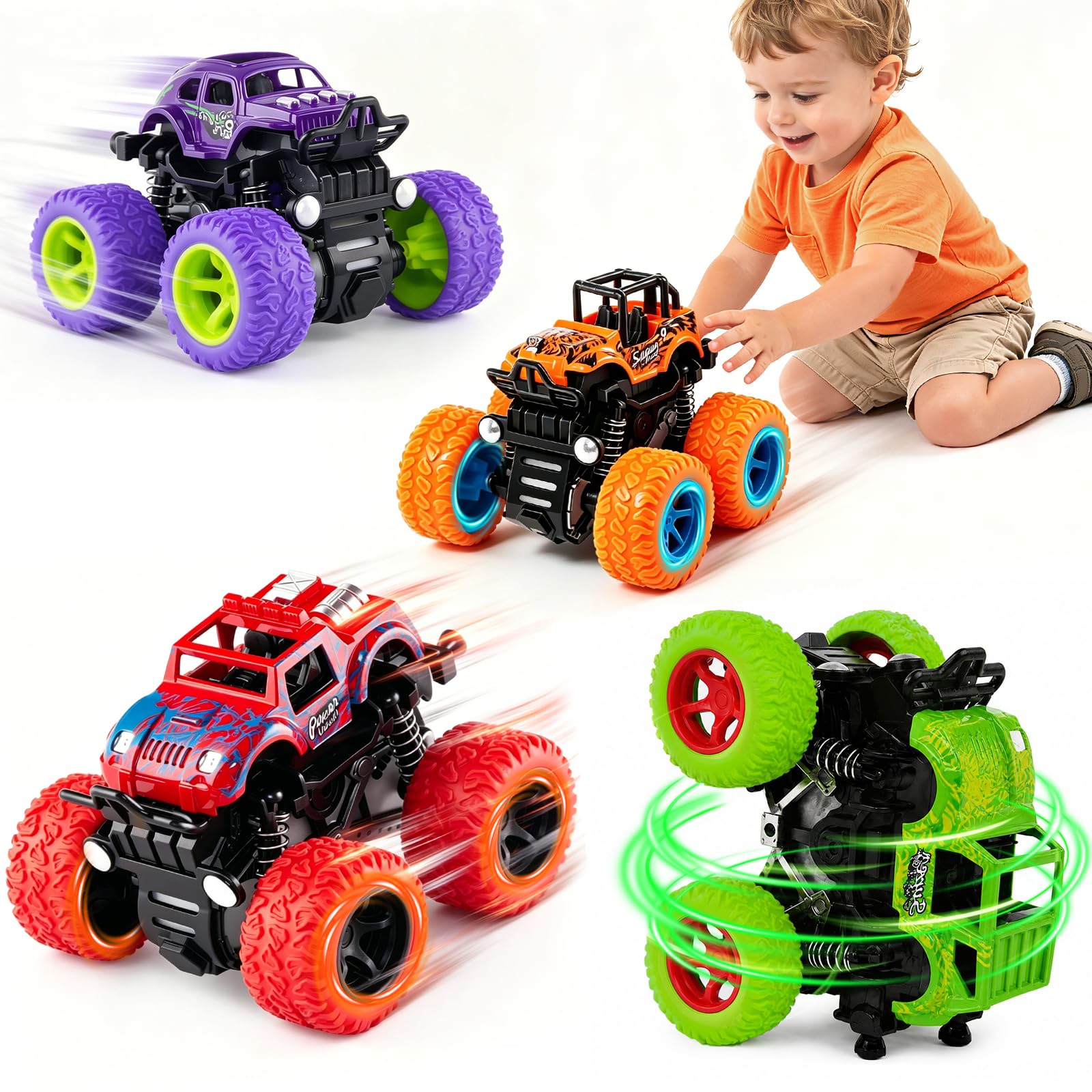 4 Pack Monster Trucks Toys for Boys 2 3 4 5 6 7 Year Old, Friction Powered Pull Back Car Toys for Toddlers Kids Ages 3-5 2-4 4-7, Best Birthday Christmas Party Gift for Boys and Toddlers