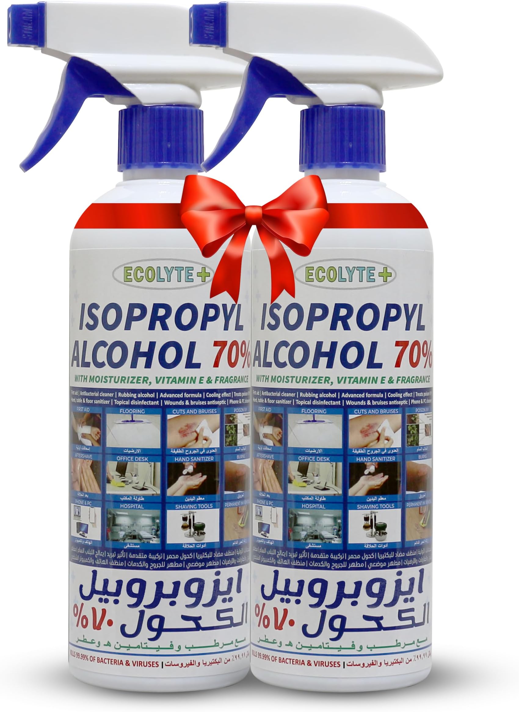 ECOLYTE+ Isopropyl Alcohol 70% With Moisturizer+Vitamin E+Perfume, Antiseptic, Disinfectant, First Aid, Multipurpose Formula, Surface Sanitizer, Rubbing Alcohol, kills 99.9% Germs (500 ml, Pack of 2)