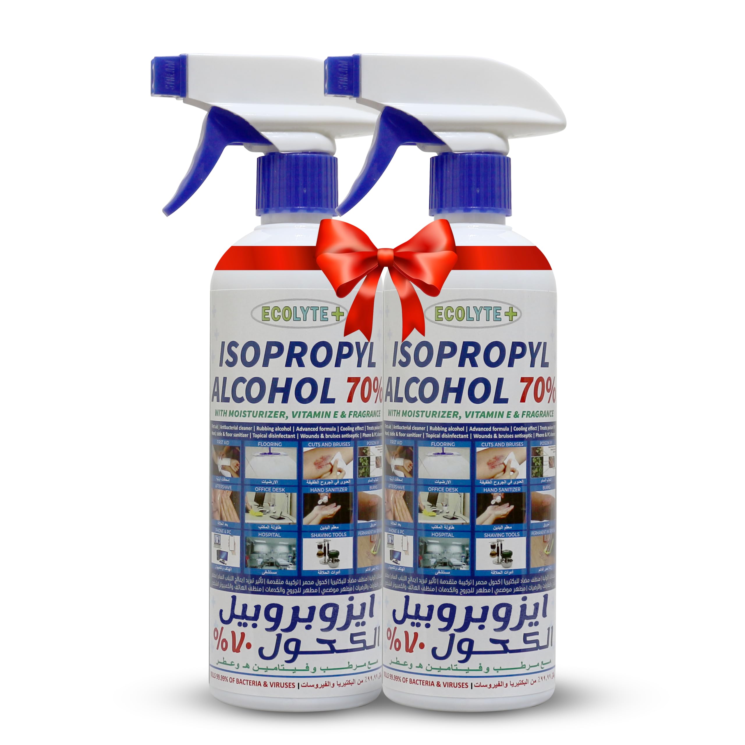 ECOLYTE+ Isopropyl Alcohol 70% With Moisturizer+Vitamin E+Perfume, Antiseptic, Disinfectant, First Aid, Multipurpose Formula, Surface Sanitizer, Rubbing Alcohol, kills 99.9% Germs (500 ml, Pack of 2)