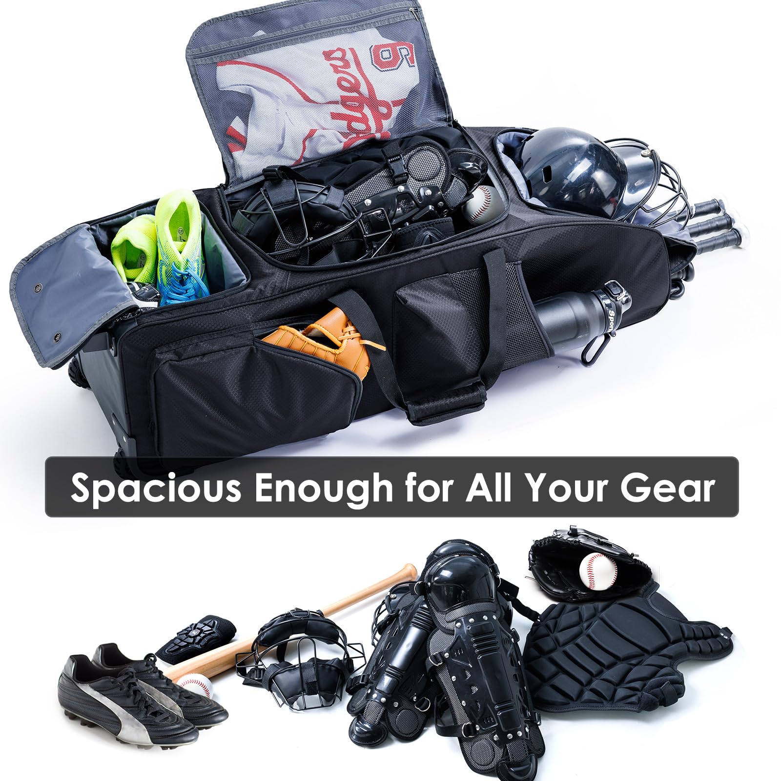 Baseballtasche mit Rollen, separatem Schuhfach und Zaunhaken, große Softball-Tasche für T-Ball, Teamausrüstung, Seesack, Catcher Gear Bag für Jungen 8–12, Jugendliche, Erwachsene