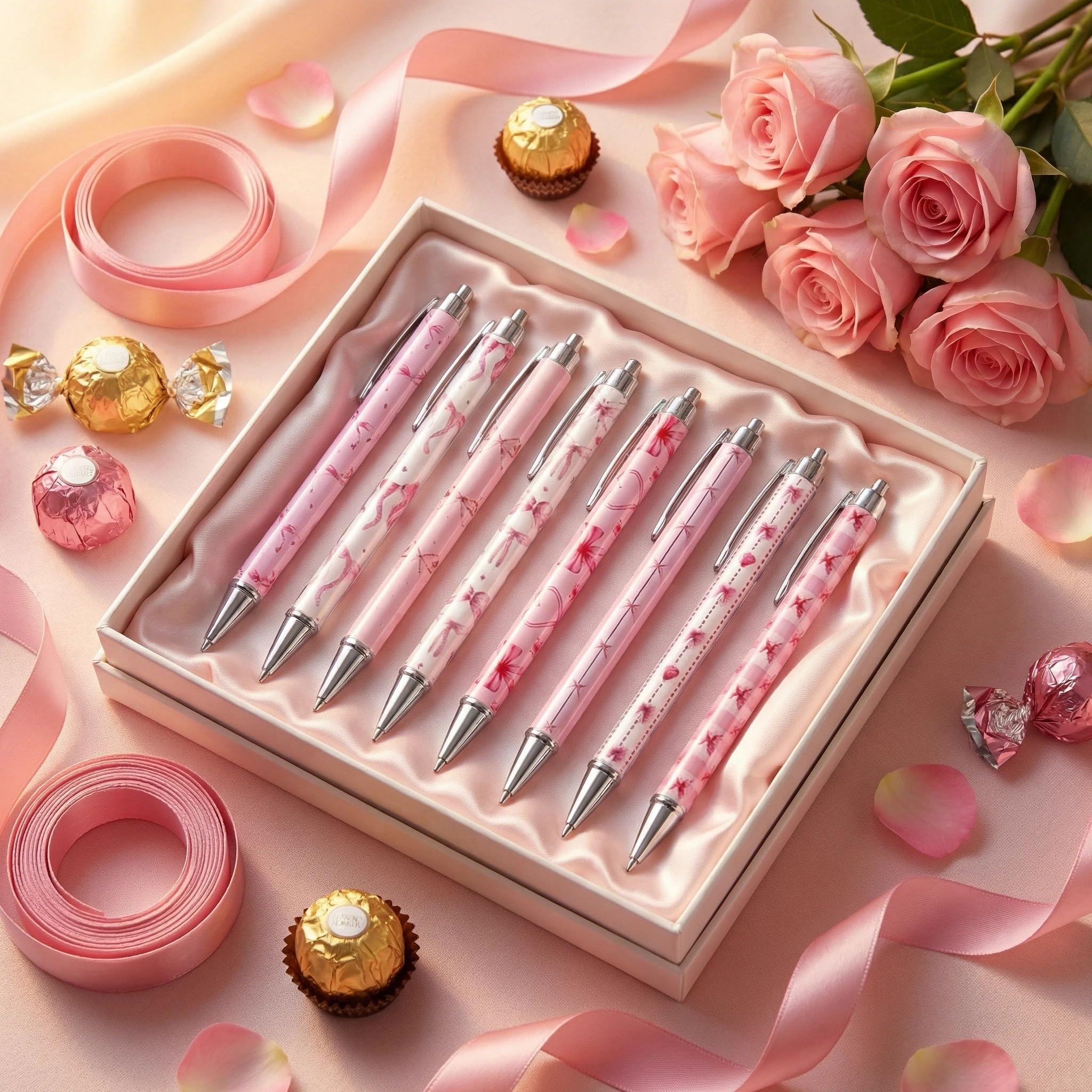 Embhlitfe 8 Pack Pink Pens,Cute Retractable 1.0mm Fine Tip Pink Pens Black Ink with Bows,Back to School,Cute Stationary for Student Note Taking,Writing,Office Supplies Valentine's Day gift (Black)