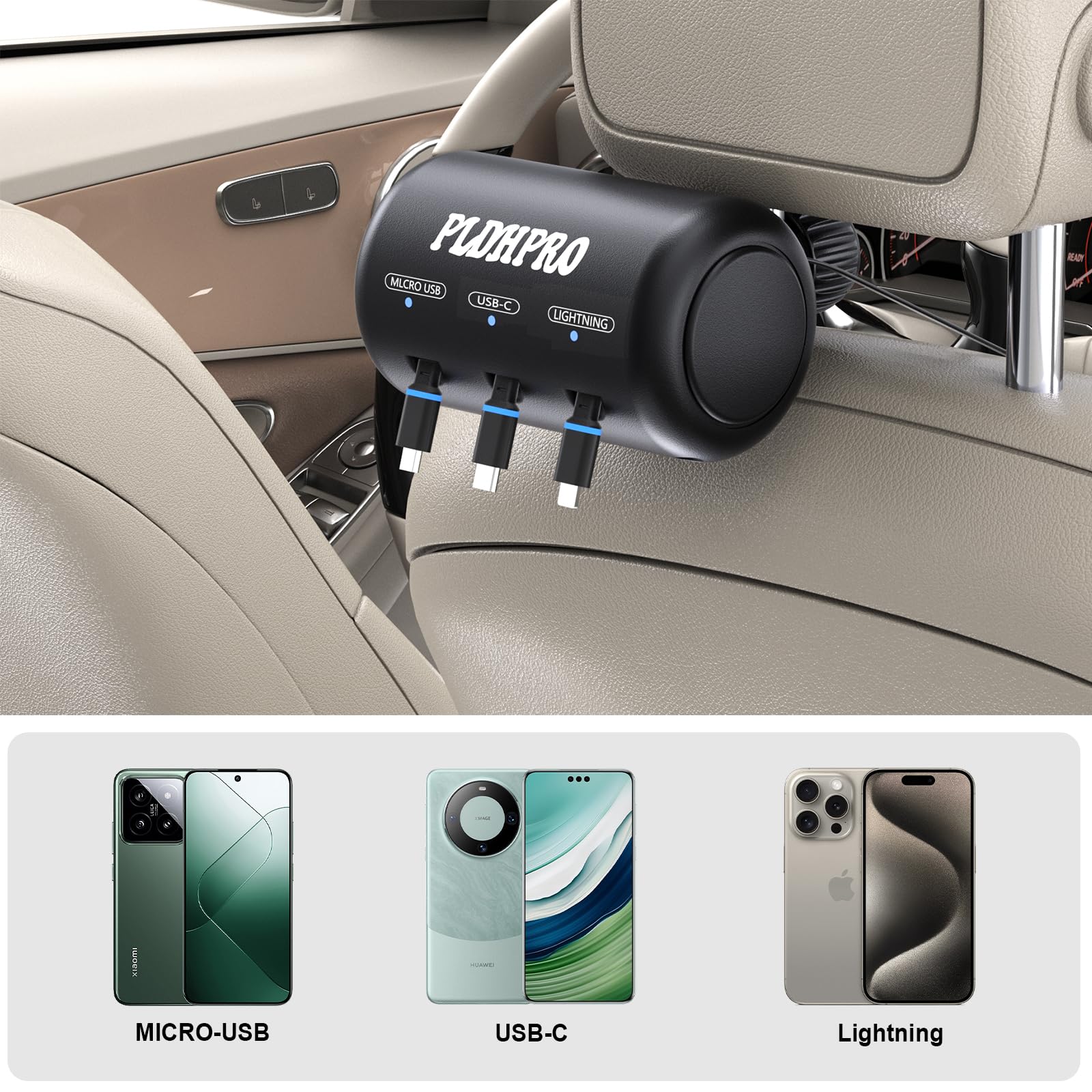 Caja de estación de Carga múltiple retráctil para Asiento Trasero de Coche 3 en 1 con Cables retráctiles USB Tipo C Lightner para Todos los teléfonos, iPhone, Samsung, Android, Uber, Base de Carga