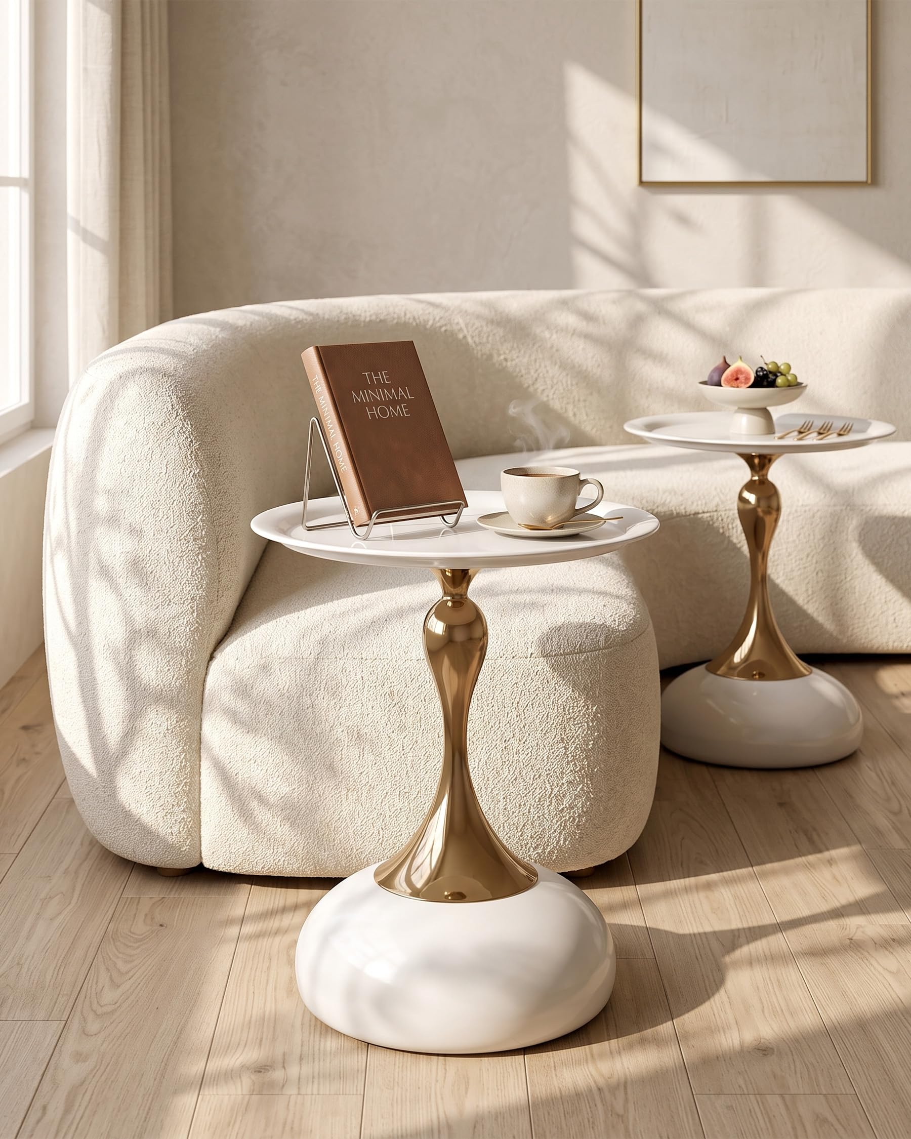 Couchtisch Beige Gold, Kleiner Couchtisch Rund Modern, Metall Beistelltisch Rund Gold, Luxus Nachttisch Kaffeetisch für Wohnzimmer Schlafzimmer Balkon, Ø40CM, 2 Stück