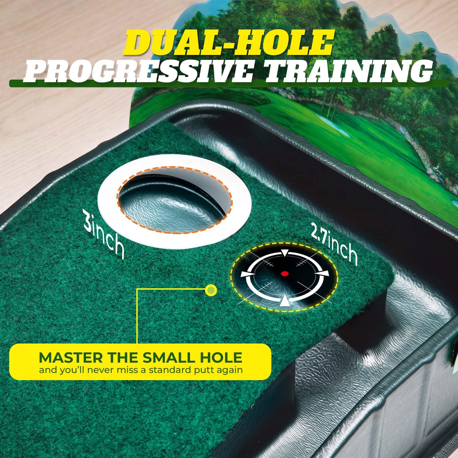 Putting Green Indoor – Golf-Putting-Matte mit realistischer grüner Geschwindigkeit, Doppelloch-Präzisions-Golf-Putting-Matte mit automatischer Ballrückführung, 2,4 m Golfmatte für Indoor- und