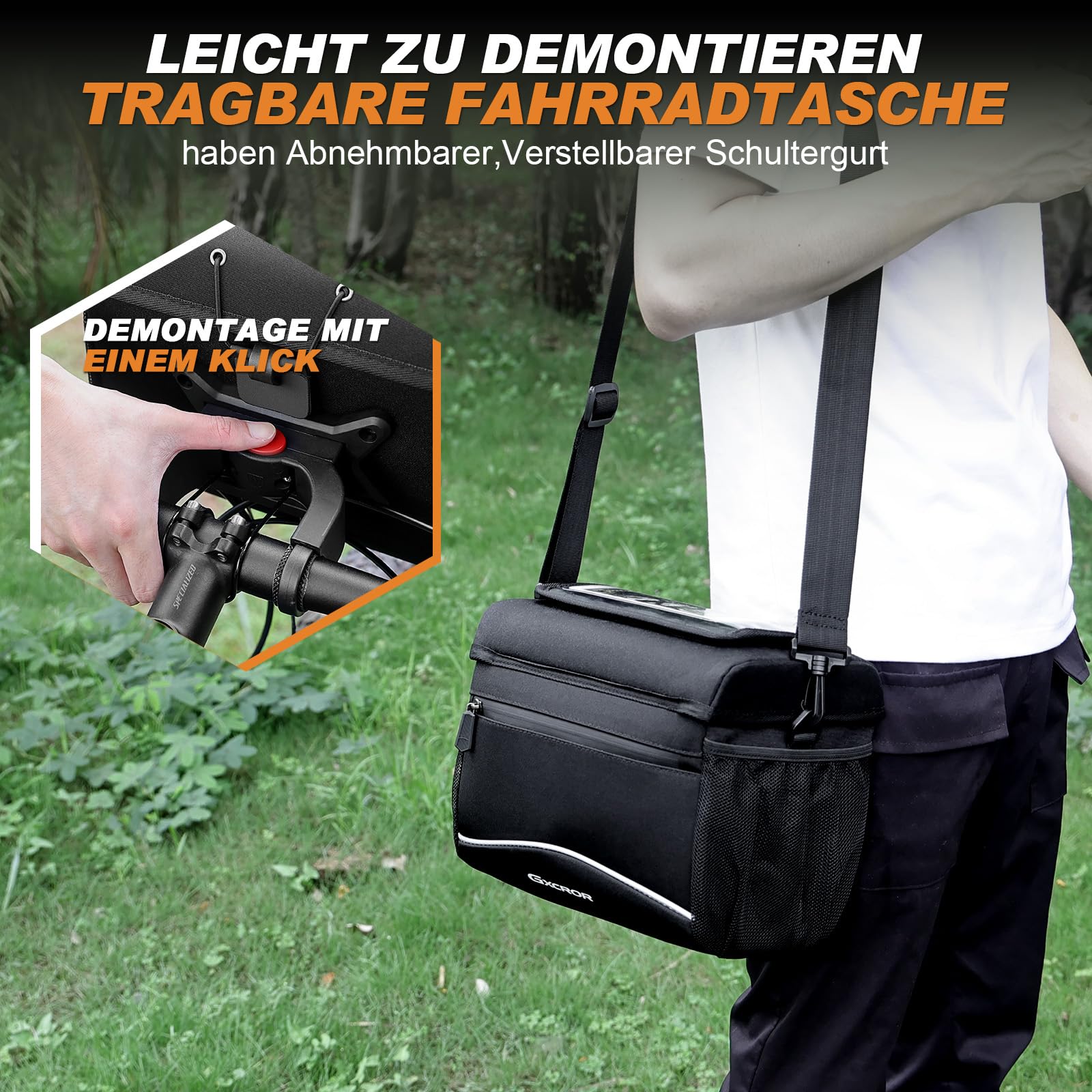 GXCROR 8L Fahrradtasche,Lenkertasche Fahrrad,Fahrradtasche Lenker,Mit Lenkeradapter,Touchscreen,Schultergurt,Fahrradtaschen,Fahrrad Tasche Fahrradkorb Vorne Ebike