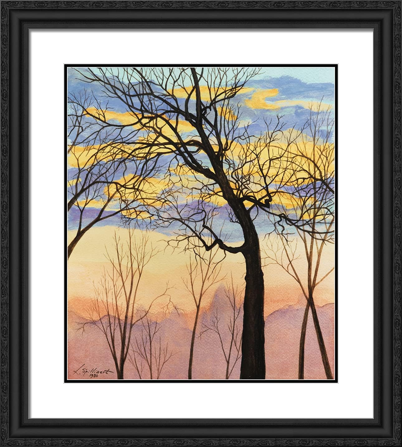 ArtDirect Spilliaert, Leon 20x22 Black Ornate Framed Art Print with Double Matting Titled: Solitaire Tree of the Park Winter Dusk Over the City of Ostende