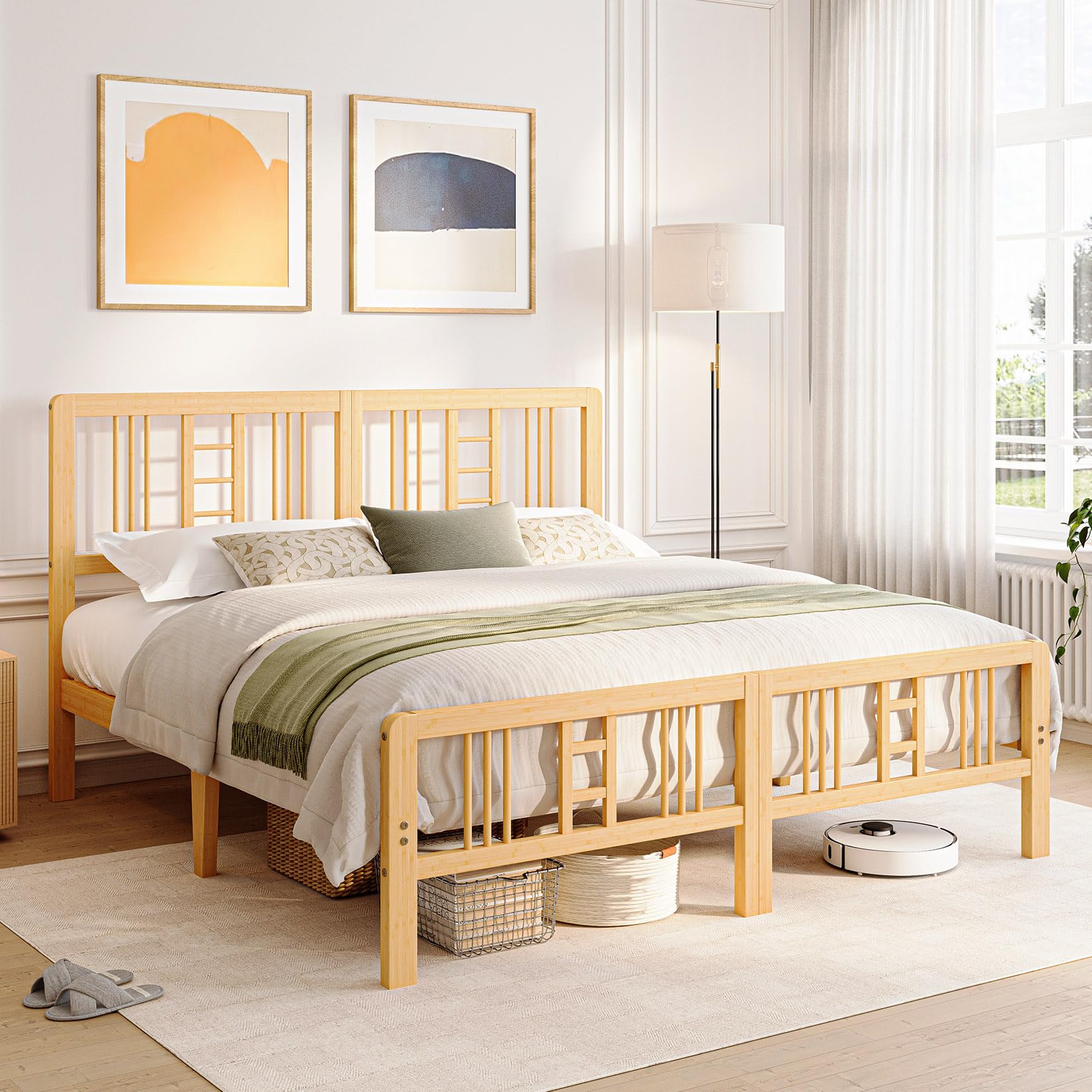 Breezehome 10 Inch High Solid Bamboo Wood King Size Bed Frame with Headboard and Footboard, Platform King Bed Frame with Metal Slats, No Box Spring