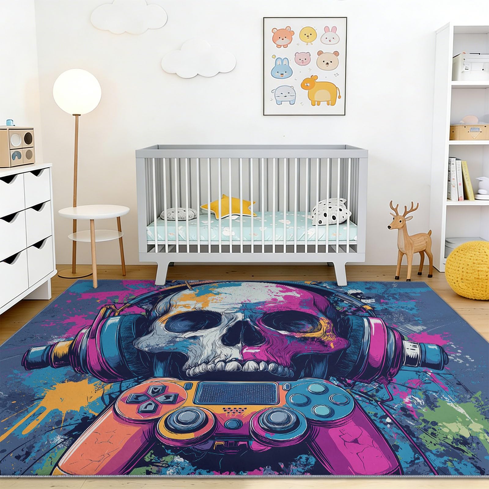 Muzyczna czaszka i kontroler dywanik do pokoju dziecięcego antypoślizgowy spód do salonu, sypialni i pokoju dziecięcego nowoczesny dywan 140 x 200 cm, kolorowy