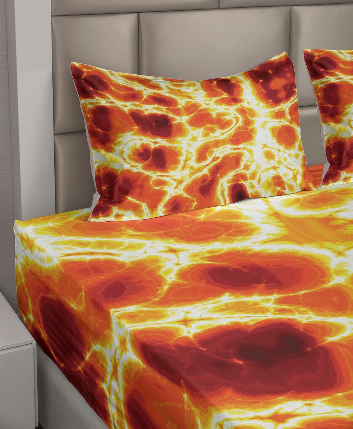 Ambesonne Burnt Orange Sheet Set, Hot Lava Texture Bursting Volcanic Heated Magma Image Warm Colored, Fitted and Flat Sheet with Pillowcase Bedding Accent 4 Piece Set, Full, Yellow Orange