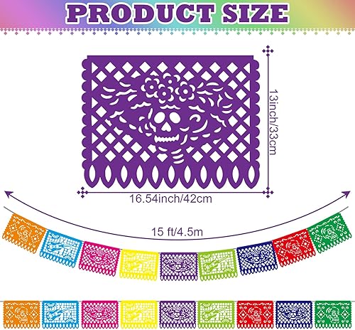 Miniatura 3 de Kinlop 30 pancartas de plástico para fiesta mexicana de 450 pies, pancarta de papel picado Dia De Los Muertos para fiesta, decoración del Día de los